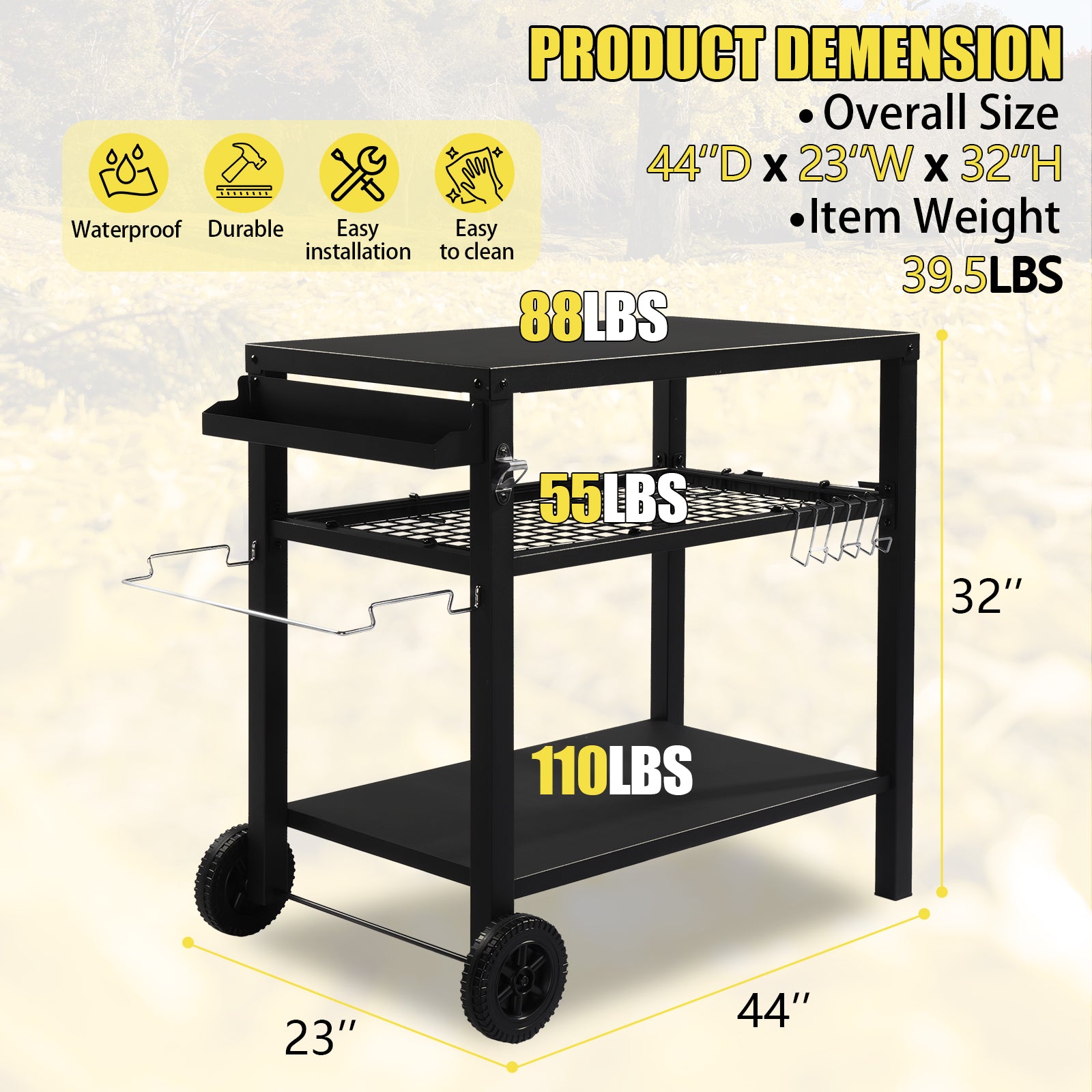 HAOYYE Outdoor Grill Cart Three Shelf BBQ Table with Wheels and Hooks, Movable Black Prep Station with Storage Rack, Spice Rack and Bottle Opener, Heavy Duty Metal Barbecue Trolley for Backyard Cooking Camping Patio