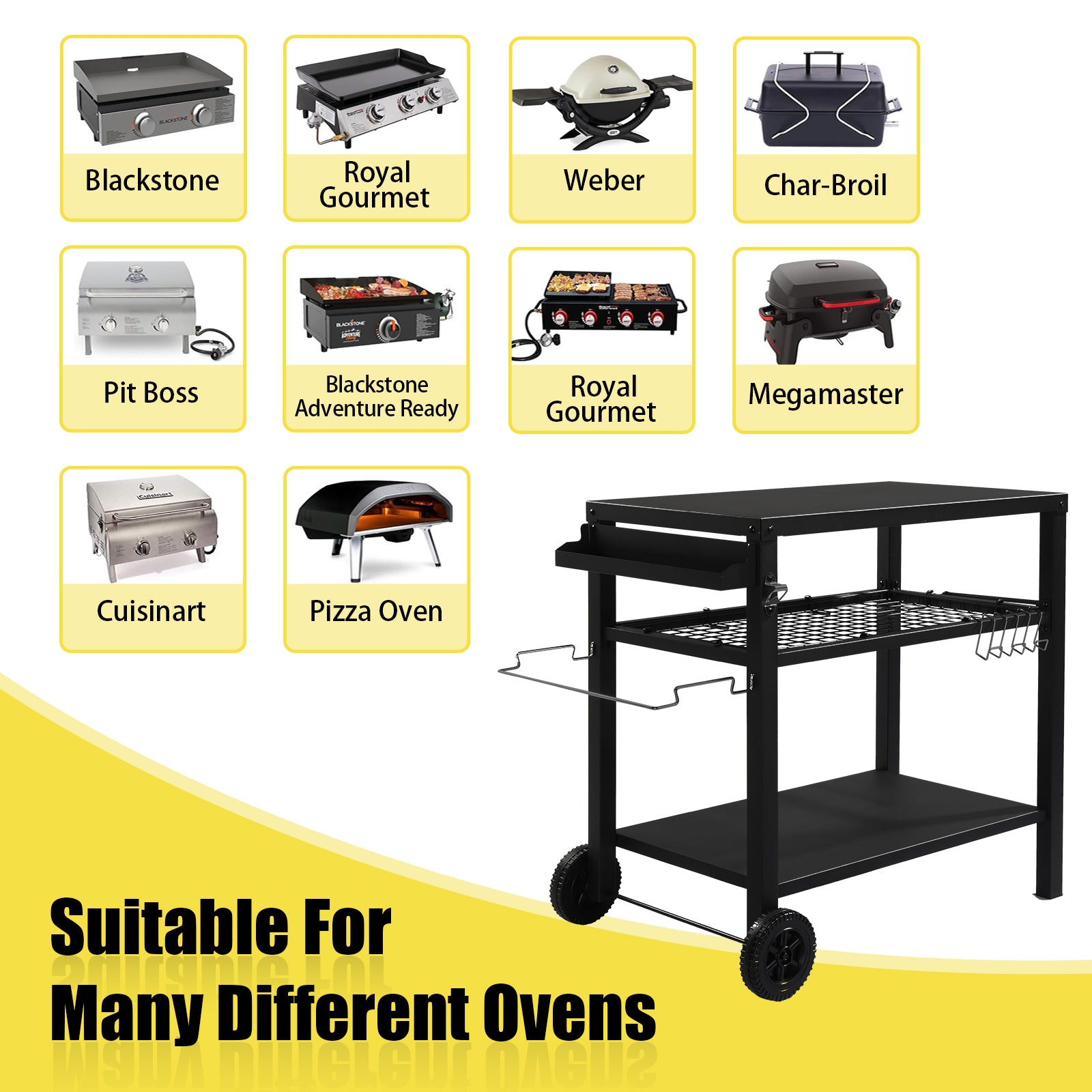 HAOYYE Outdoor Grill Cart Three Shelf BBQ Table with Wheels and Hooks, Movable Black Prep Station with Storage Rack, Spice Rack and Bottle Opener, Heavy Duty Metal Barbecue Trolley for Backyard Cooking Camping Patio