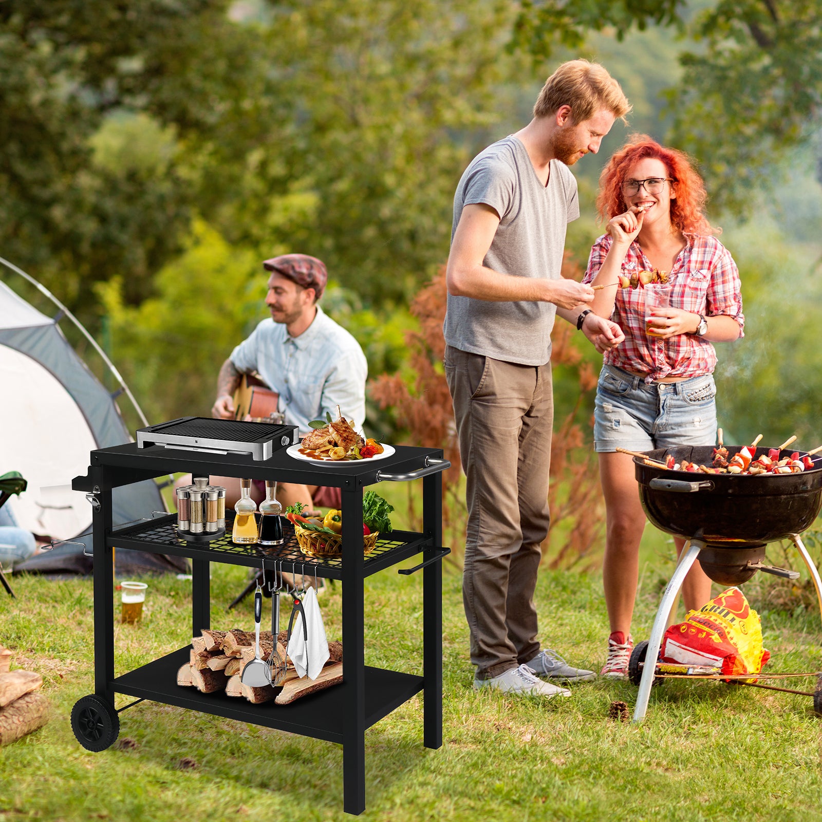 HAOYYE Outdoor Grill Cart Three Shelf BBQ Table with Wheels and Hooks, Movable Black Prep Station with Storage Rack, Spice Rack and Bottle Opener, Heavy Duty Metal Barbecue Trolley for Backyard Cooking Camping Patio