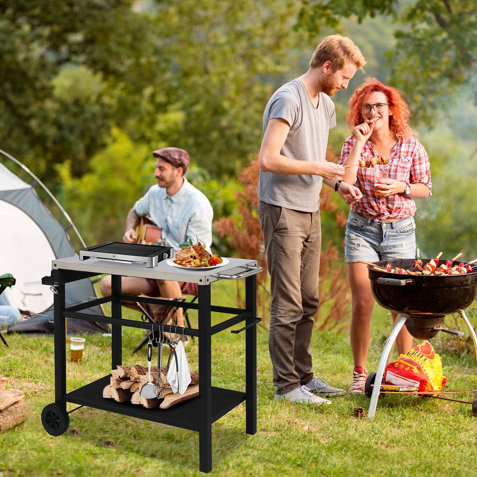 HAOYYE Stainless Steel Grill Cart Outdoor Prep Table with Wheels, BBQ Flat Top Trolley Island with Storage Shelf, Hooks, Beer Opener, Tissue Rack, Movable Black Worktable for Patio Cooking Camping Parties