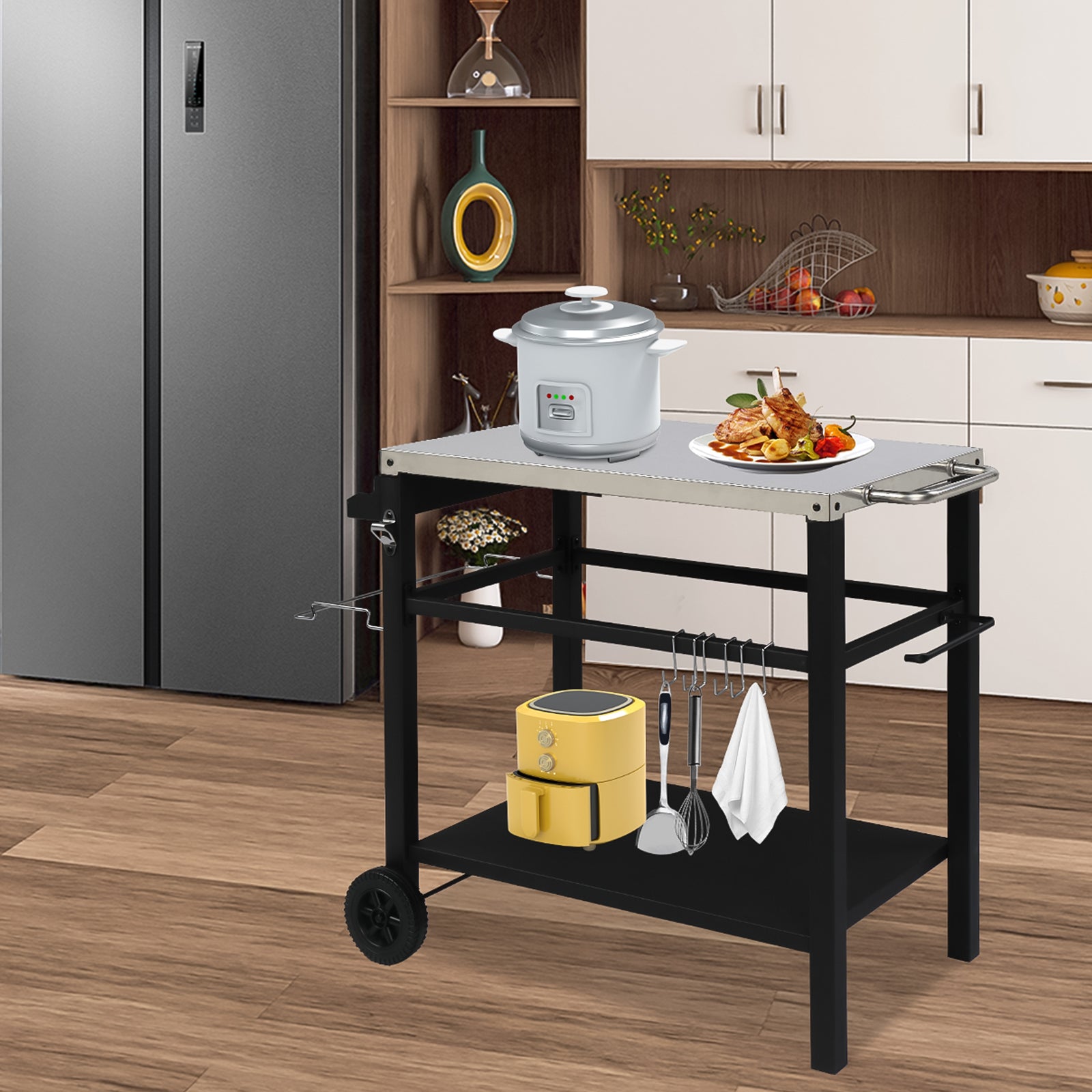 HAOYYE Stainless Steel Grill Cart Outdoor Prep Table with Wheels, BBQ Flat Top Trolley Island with Storage Shelf, Hooks, Beer Opener, Tissue Rack, Movable Black Worktable for Patio Cooking Camping Parties