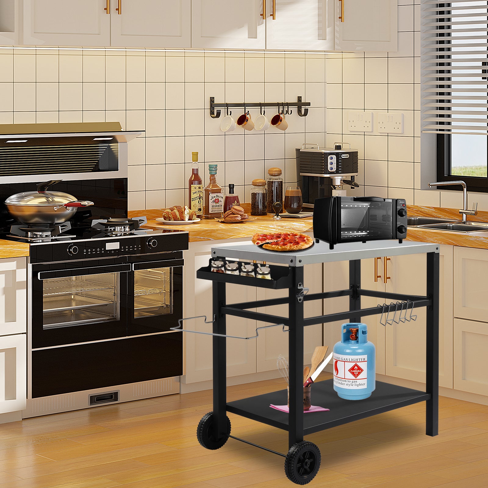 HAOYYE Stainless Steel Grill Cart Outdoor Prep Table with Wheels, BBQ Flat Top Trolley Island with Storage Shelf, Hooks, Beer Opener, Tissue Rack, Movable Black Worktable for Patio Cooking Camping Parties
