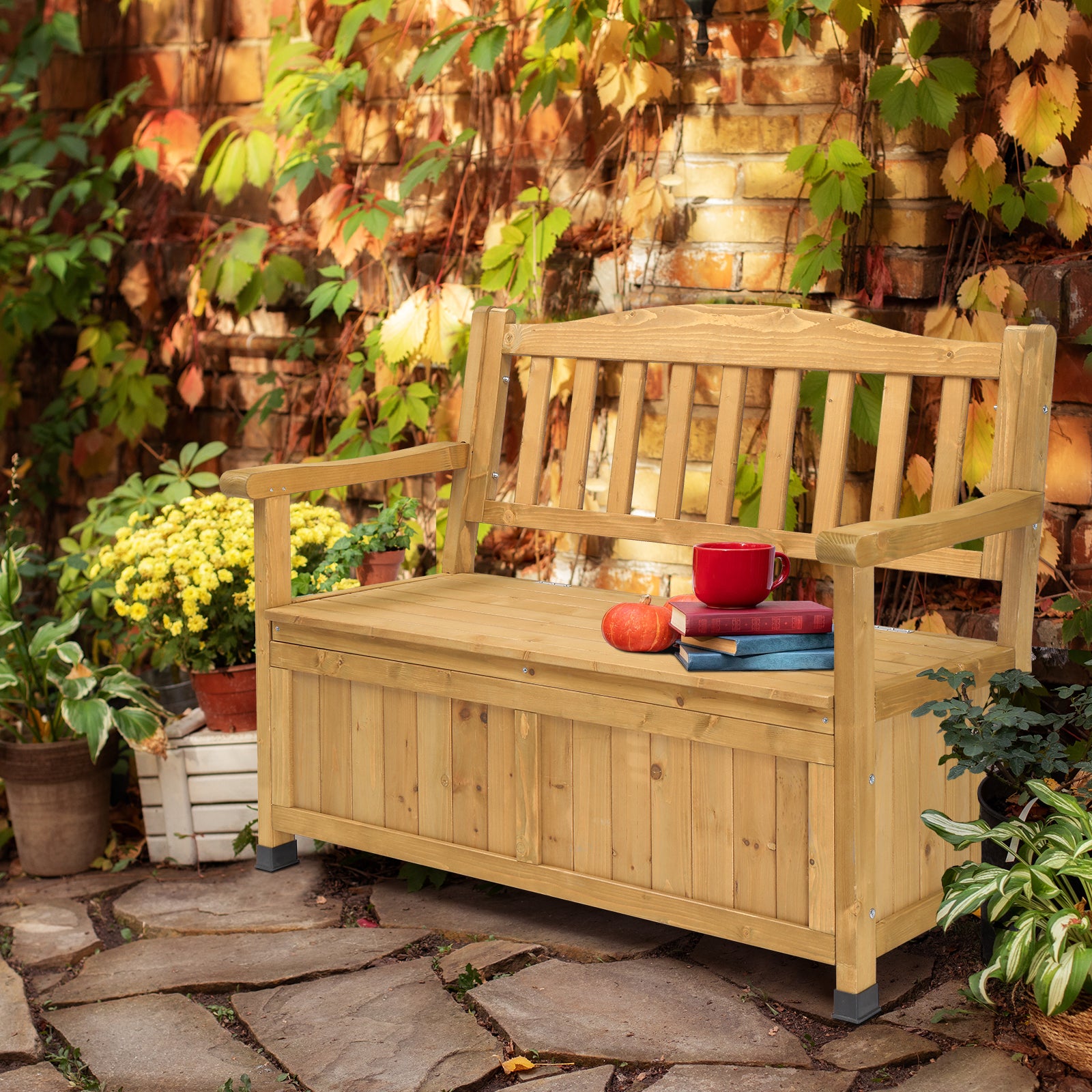 HAOYYE Cedar Yard Storage Box with Backrest and Armrests, Bright Yellow Waterproof Outdoor Deck Box Bench for Garden Patio Porch, Wood Storage Chest for Tools Cushions Pool Supplies
