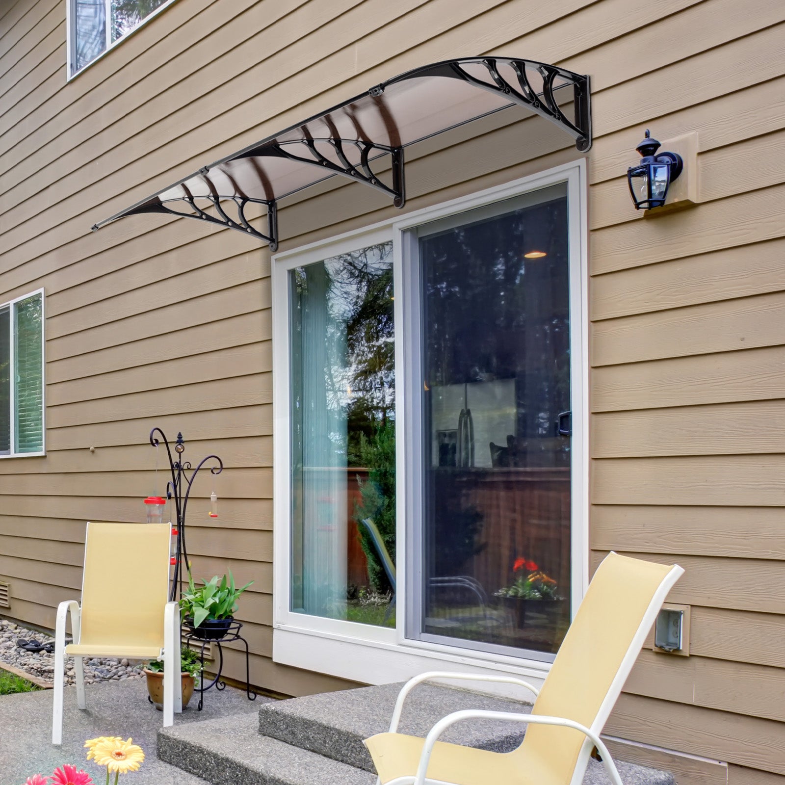HAOYYE Door and Window Rain Cover Awning 200 x 100 Brown Canopy with Black Brackets Outdoor Household Eaves Shelter for Porch Balcony Entryway Weather Protection Durable Decorative Design