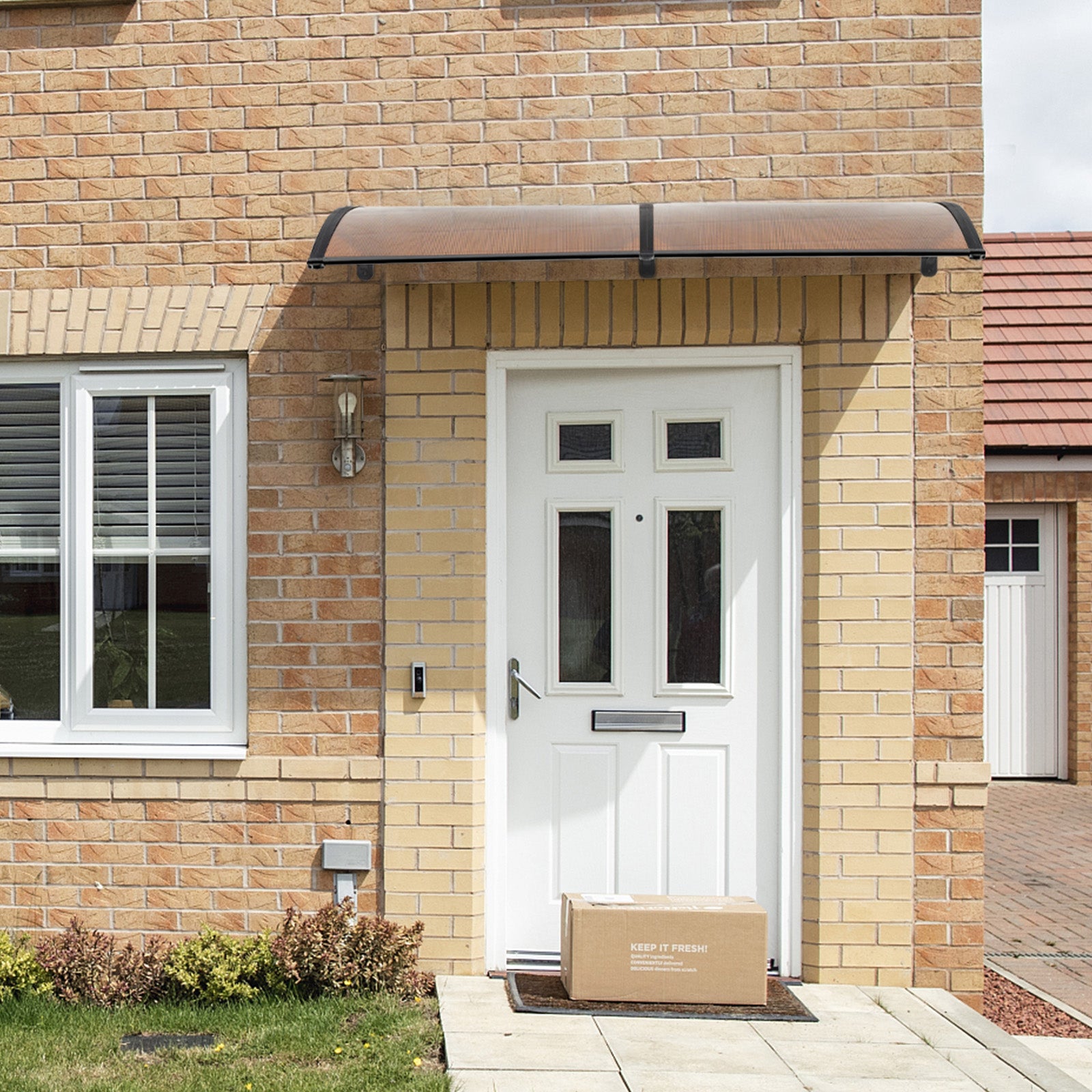 HAOYYE Door and Window Rain Cover Awning 200 x 100 Brown Canopy with Black Brackets Outdoor Household Eaves Shelter for Porch Balcony Entryway Weather Protection Durable Decorative Design