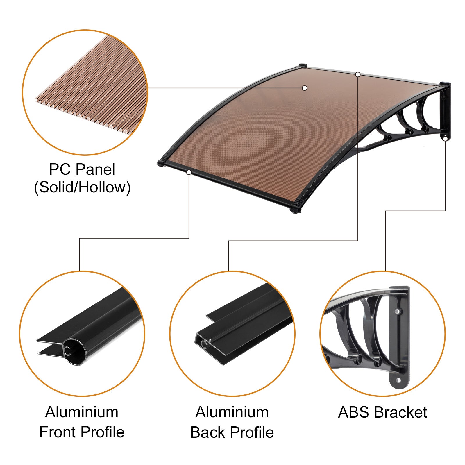 HAOYYE Door and Window Rain Cover Awning 100 x 100 Brown Polycarbonate Canopy with Black Brackets Outdoor Eaves Shelter for Porch Balcony Entryway Weather Protection Durable Decorative Design