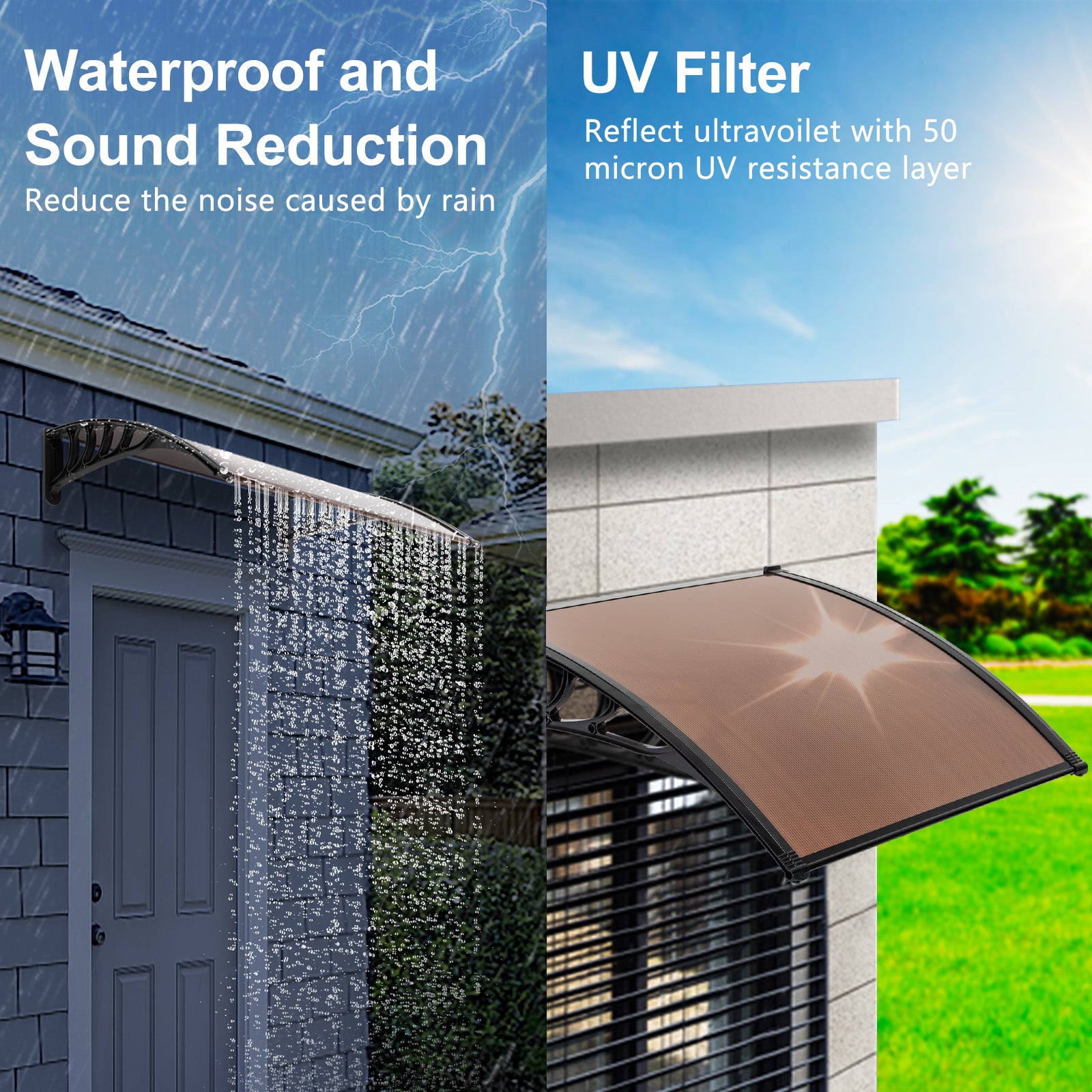 HAOYYE Door and Window Rain Cover Awning 100 x 100 Brown Polycarbonate Canopy with Black Brackets Outdoor Eaves Shelter for Porch Balcony Entryway Weather Protection Durable Decorative Design