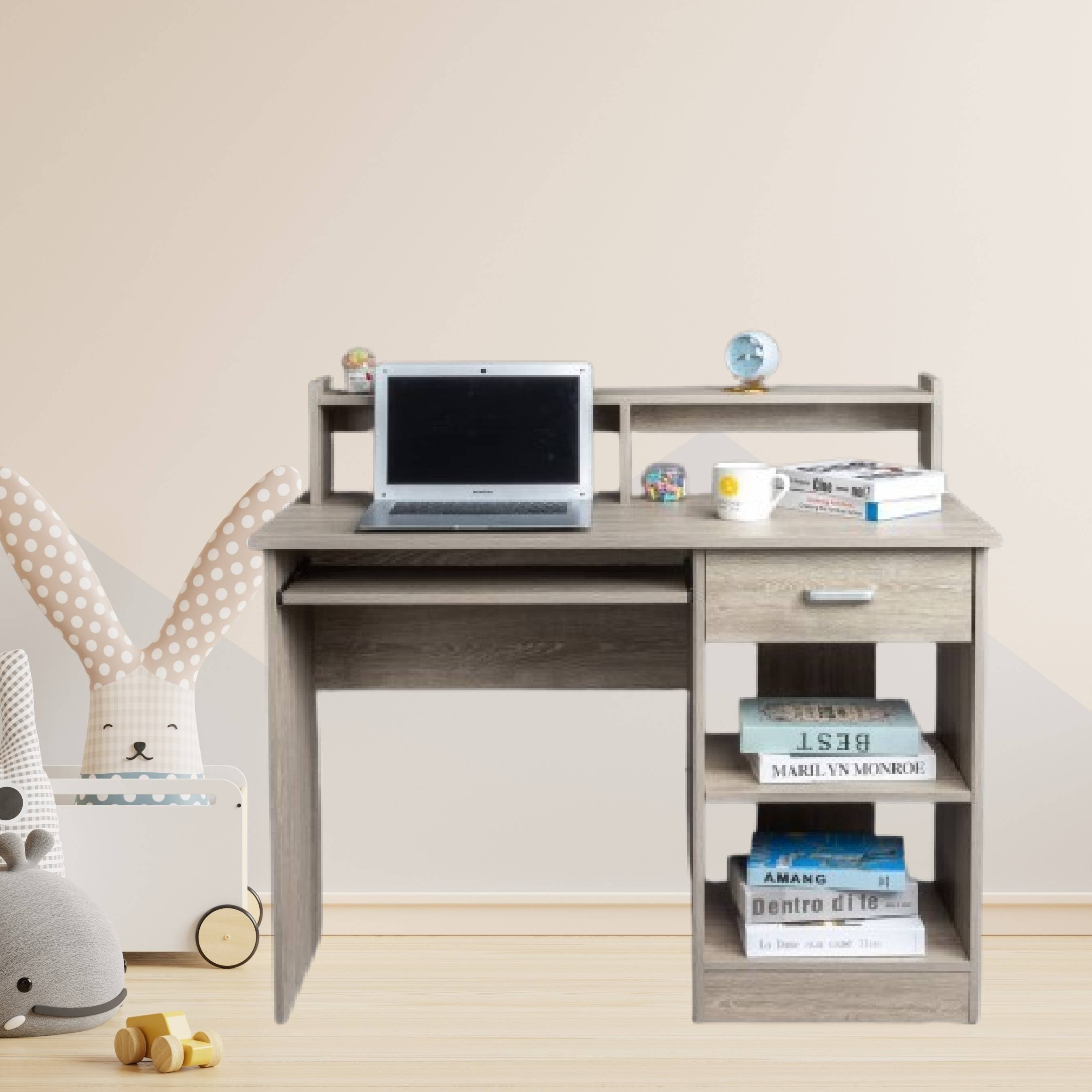 HAOYYE Gray Computer Desk with Drawer and Two Storage Shelves Modern Particleboard Writing Table with Sturdy Frame for Home Office Study Room Space Saving Workstation