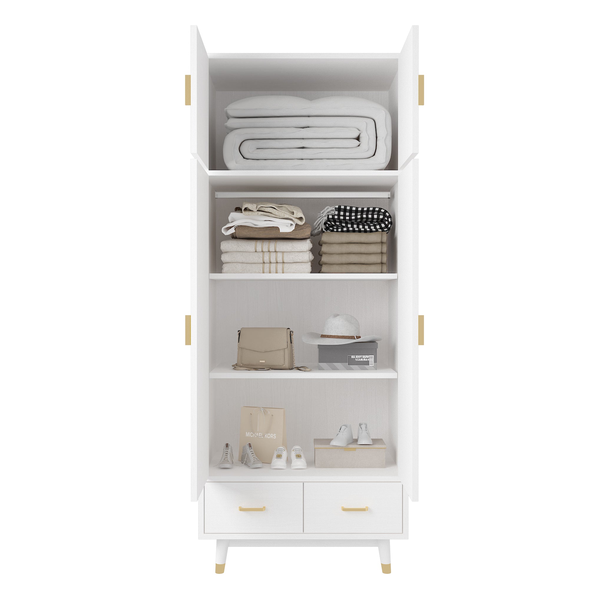 HAOYYE Wooden Wardrobe with Density Board Pasted with Triamine, White Finish, Golden Copper Feet, 4 Doors, 2 Drawers, Clothes Rail, Modern Storage Cabinet for Bedroom, Living Room, Closet, Durable and Space-Saving Design