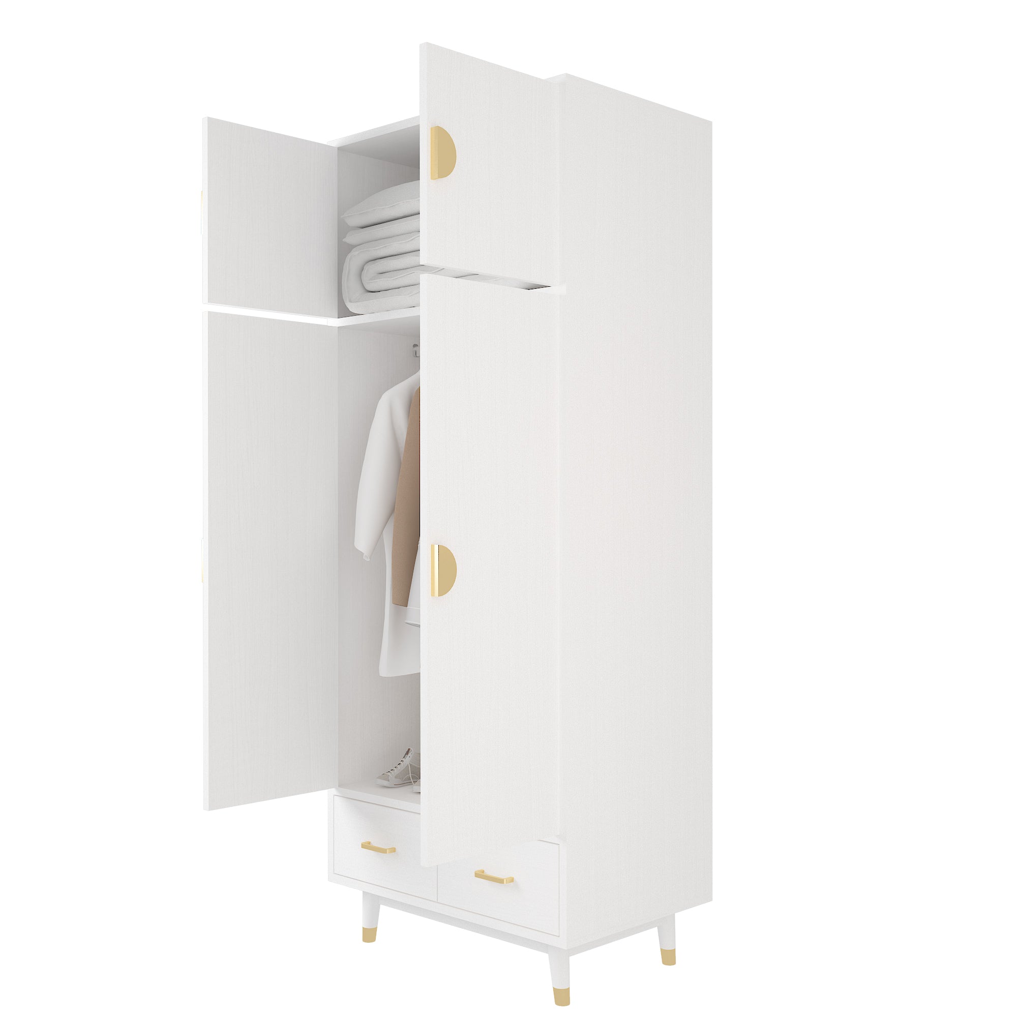 HAOYYE Wooden Wardrobe with Density Board Pasted with Triamine, White Finish, Golden Copper Feet, 4 Doors, 2 Drawers, Clothes Rail, Modern Storage Cabinet for Bedroom, Living Room, Closet, Durable and Space-Saving Design