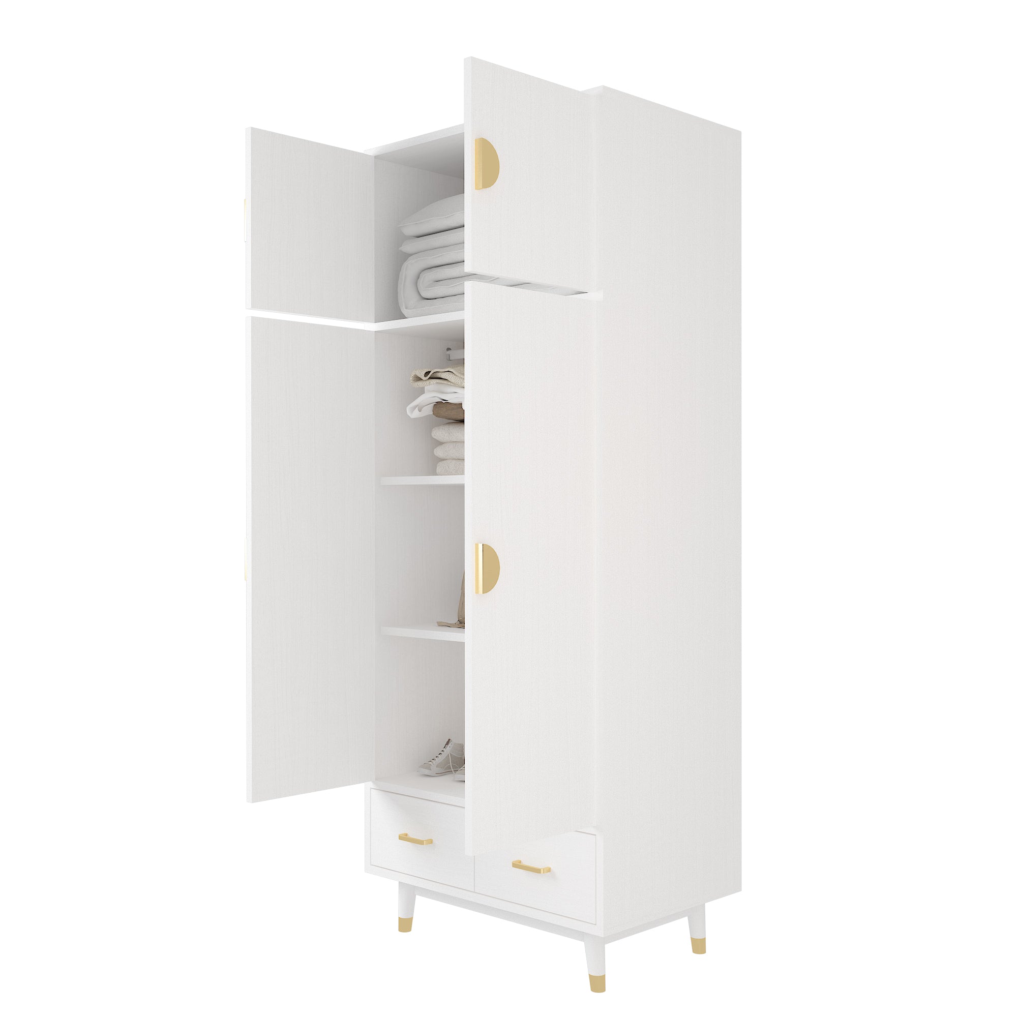 HAOYYE Wooden Wardrobe with Density Board Pasted with Triamine, White Finish, Golden Copper Feet, 4 Doors, 2 Drawers, Clothes Rail, Modern Storage Cabinet for Bedroom, Living Room, Closet, Durable and Space-Saving Design