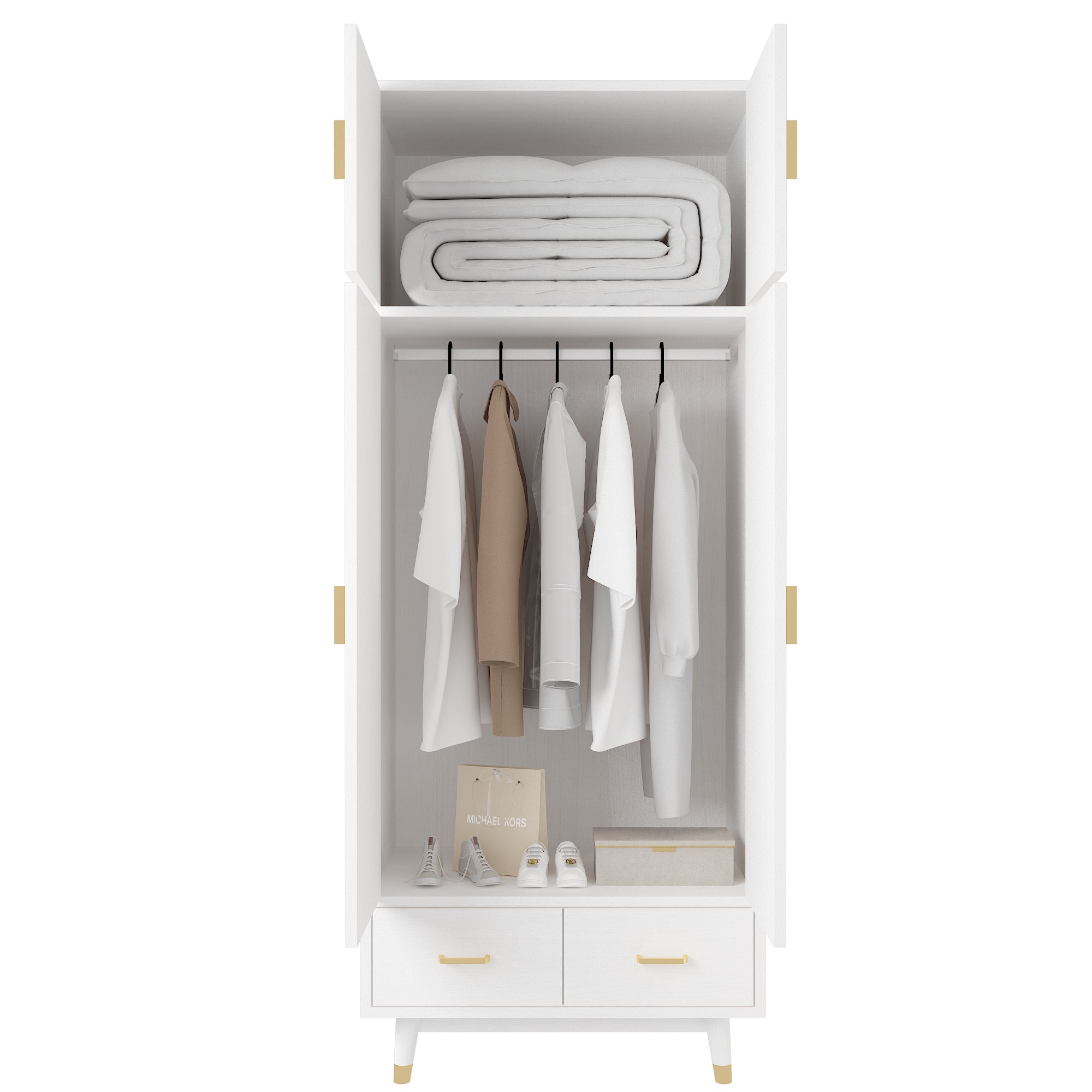 HAOYYE Wooden Wardrobe with Density Board Pasted with Triamine, White Finish, Golden Copper Feet, 4 Doors, 2 Drawers, Clothes Rail, Modern Storage Cabinet for Bedroom, Living Room, Closet, Durable and Space-Saving Design