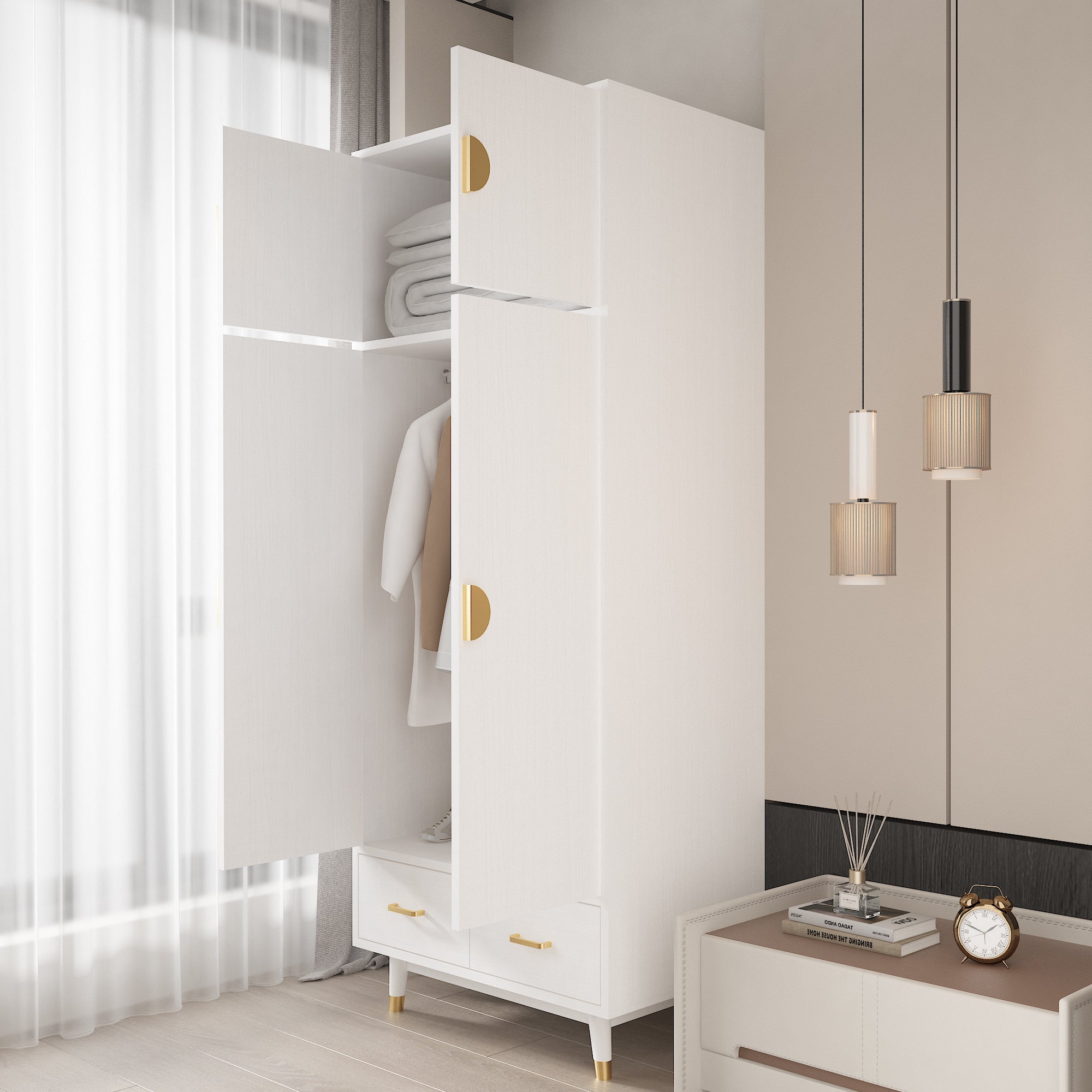 HAOYYE Wooden Wardrobe with Density Board Pasted with Triamine, White Finish, Golden Copper Feet, 4 Doors, 2 Drawers, Clothes Rail, Modern Storage Cabinet for Bedroom, Living Room, Closet, Durable and Space-Saving Design