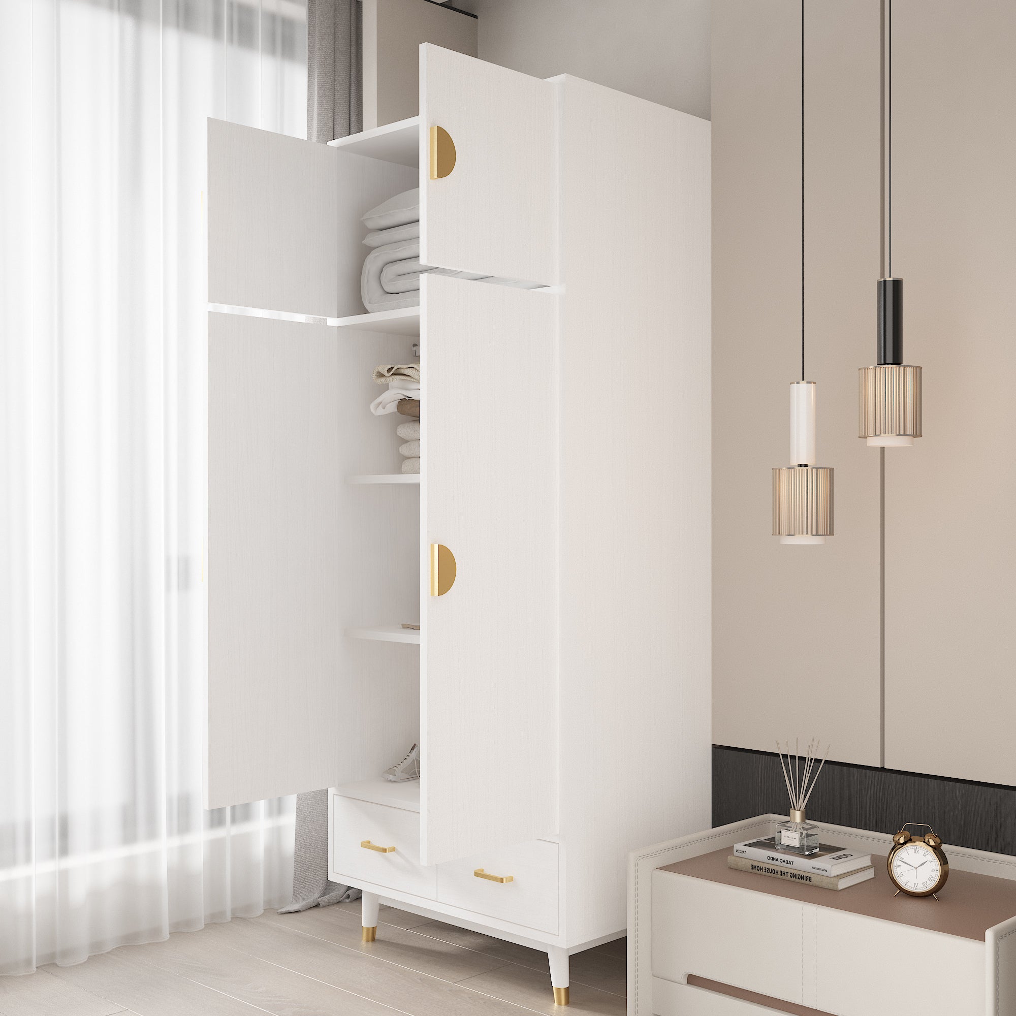 HAOYYE Wooden Wardrobe with Density Board Pasted with Triamine, White Finish, Golden Copper Feet, 4 Doors, 2 Drawers, Clothes Rail, Modern Storage Cabinet for Bedroom, Living Room, Closet, Durable and Space-Saving Design
