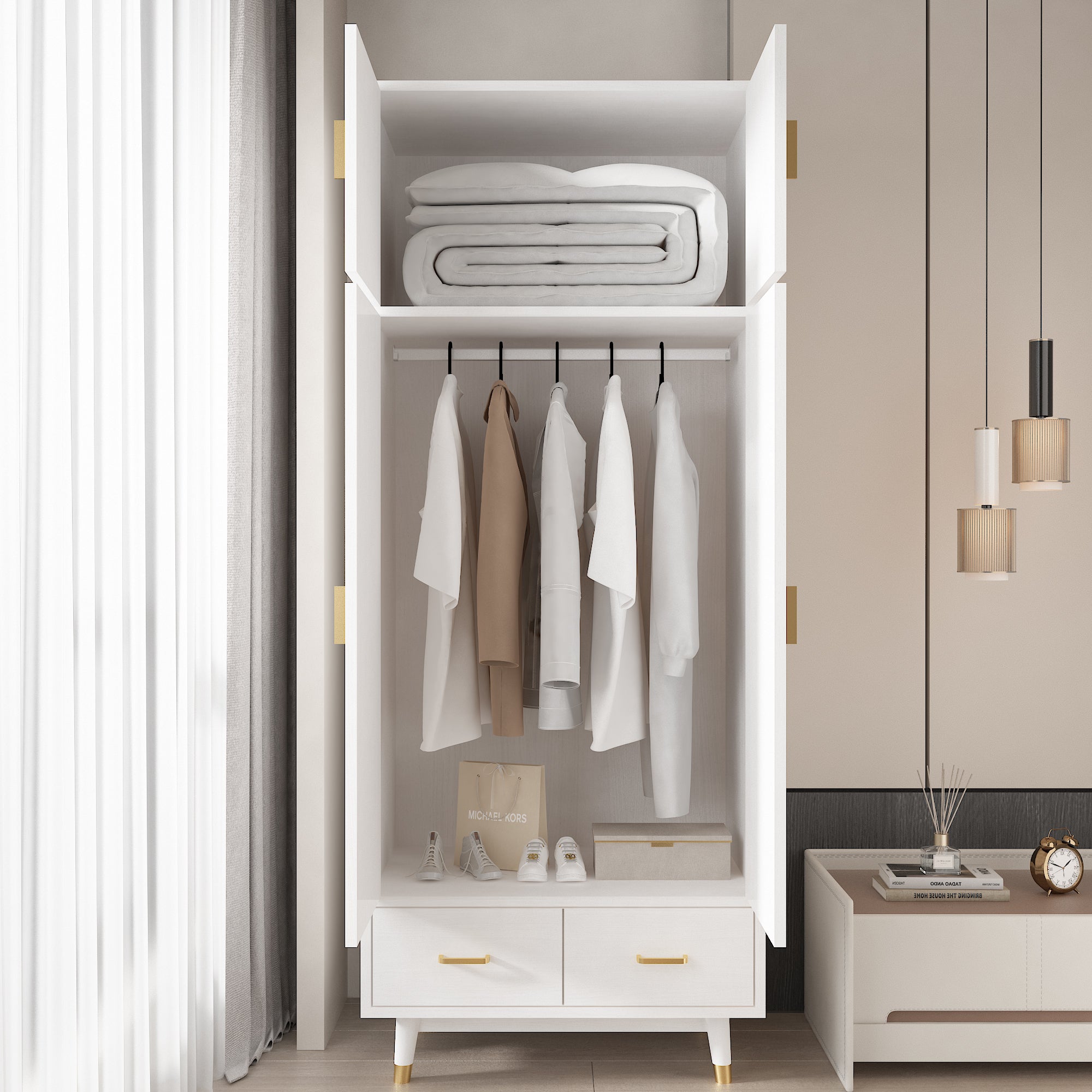 HAOYYE Wooden Wardrobe with Density Board Pasted with Triamine, White Finish, Golden Copper Feet, 4 Doors, 2 Drawers, Clothes Rail, Modern Storage Cabinet for Bedroom, Living Room, Closet, Durable and Space-Saving Design