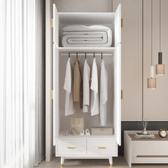 HAOYYE Wooden Wardrobe with Density Board Pasted with Triamine, White Finish, Golden Copper Feet, 4 Doors, 2 Drawers, Clothes Rail, Modern Storage Cabinet for Bedroom, Living Room, Closet, Durable and Space-Saving Design