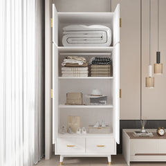 HAOYYE Wooden Wardrobe with Density Board Pasted with Triamine, White Finish, Golden Copper Feet, 4 Doors, 2 Drawers, Clothes Rail, Modern Storage Cabinet for Bedroom, Living Room, Closet, Durable and Space-Saving Design