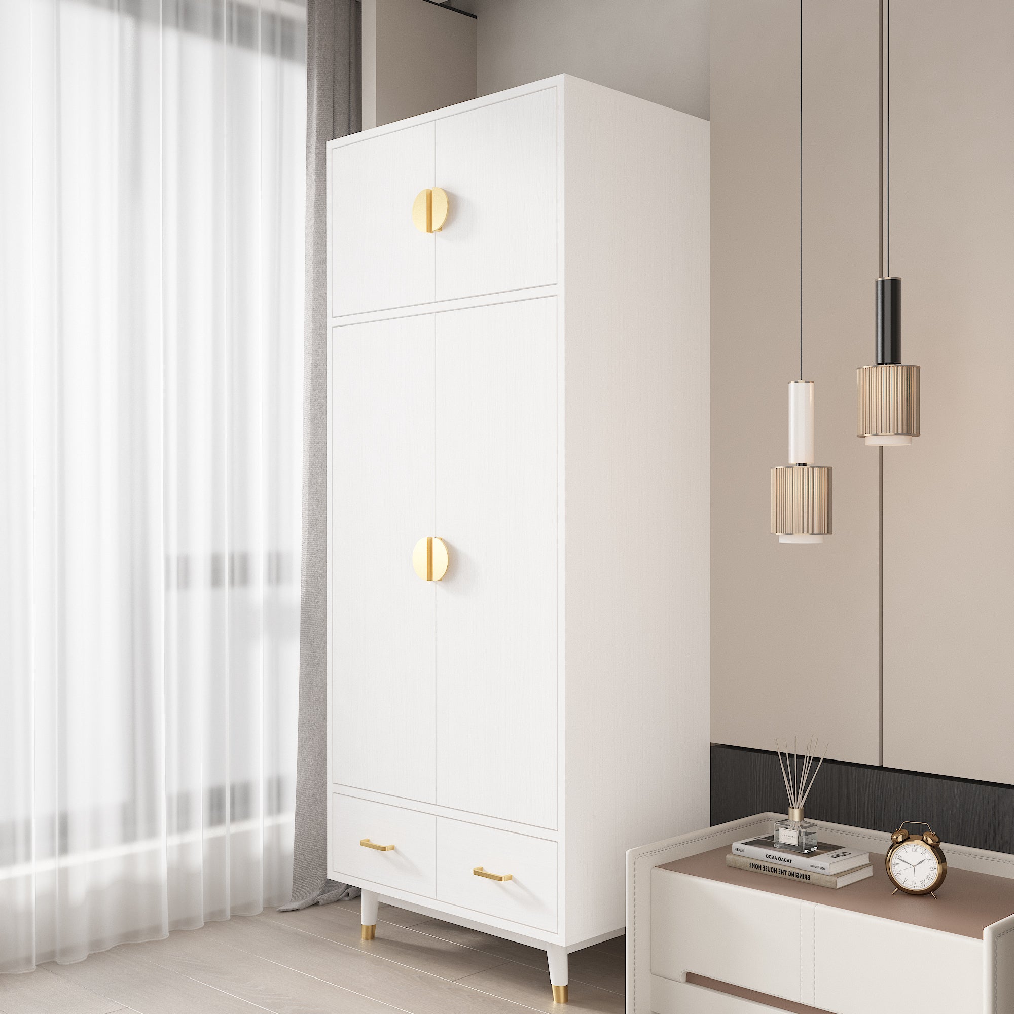 HAOYYE Wooden Wardrobe with Density Board Pasted with Triamine, White Finish, Golden Copper Feet, 4 Doors, 2 Drawers, Clothes Rail, Modern Storage Cabinet for Bedroom, Living Room, Closet, Durable and Space-Saving Design