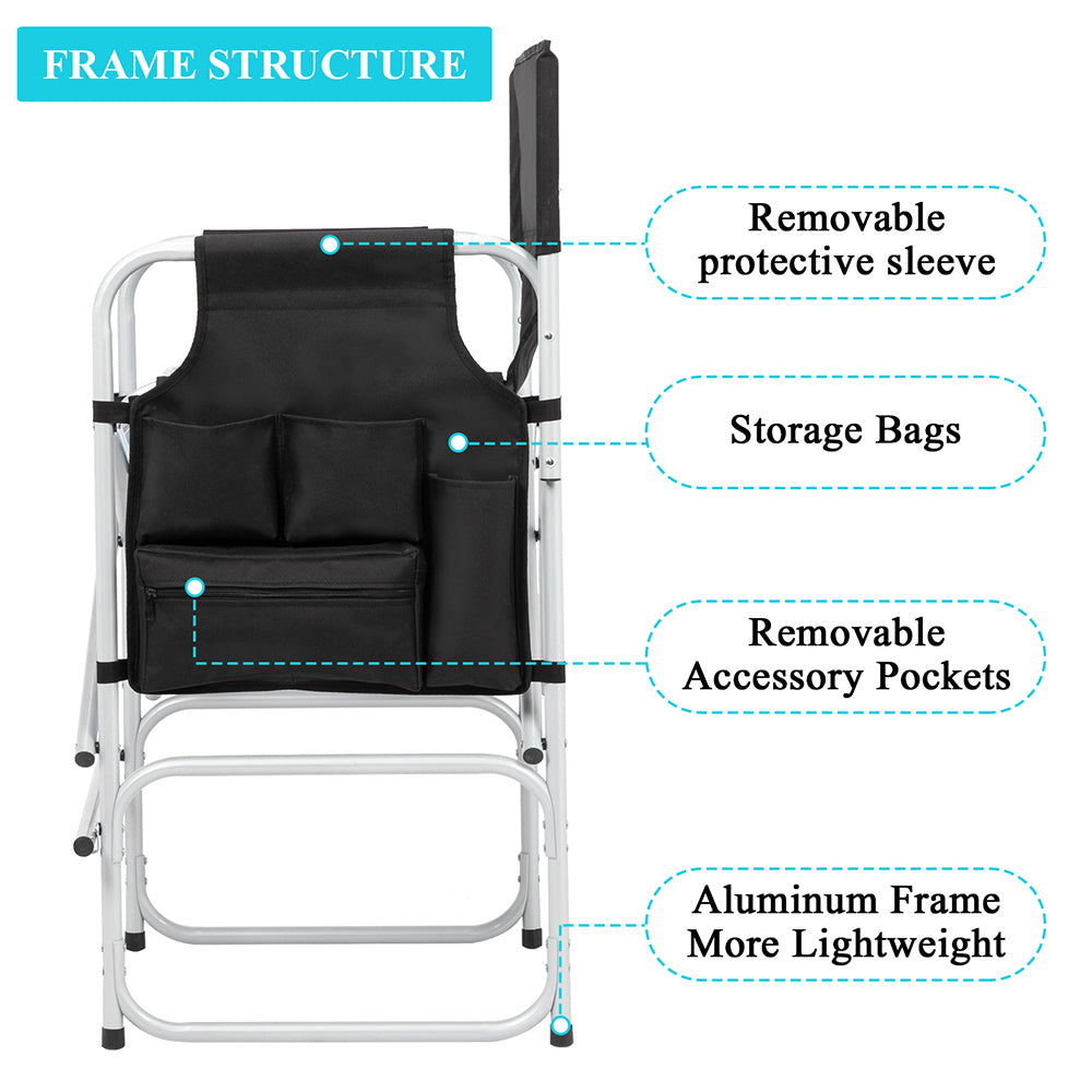 HAOYYE Director's Chair with Silver White Iron Pipe Frame, Black Cloth Surface, Plastic Sprayed Iron Round Pipe, 120kg Capacity, Sturdy and Comfortable, Perfect for Outdoor and Indoor Use