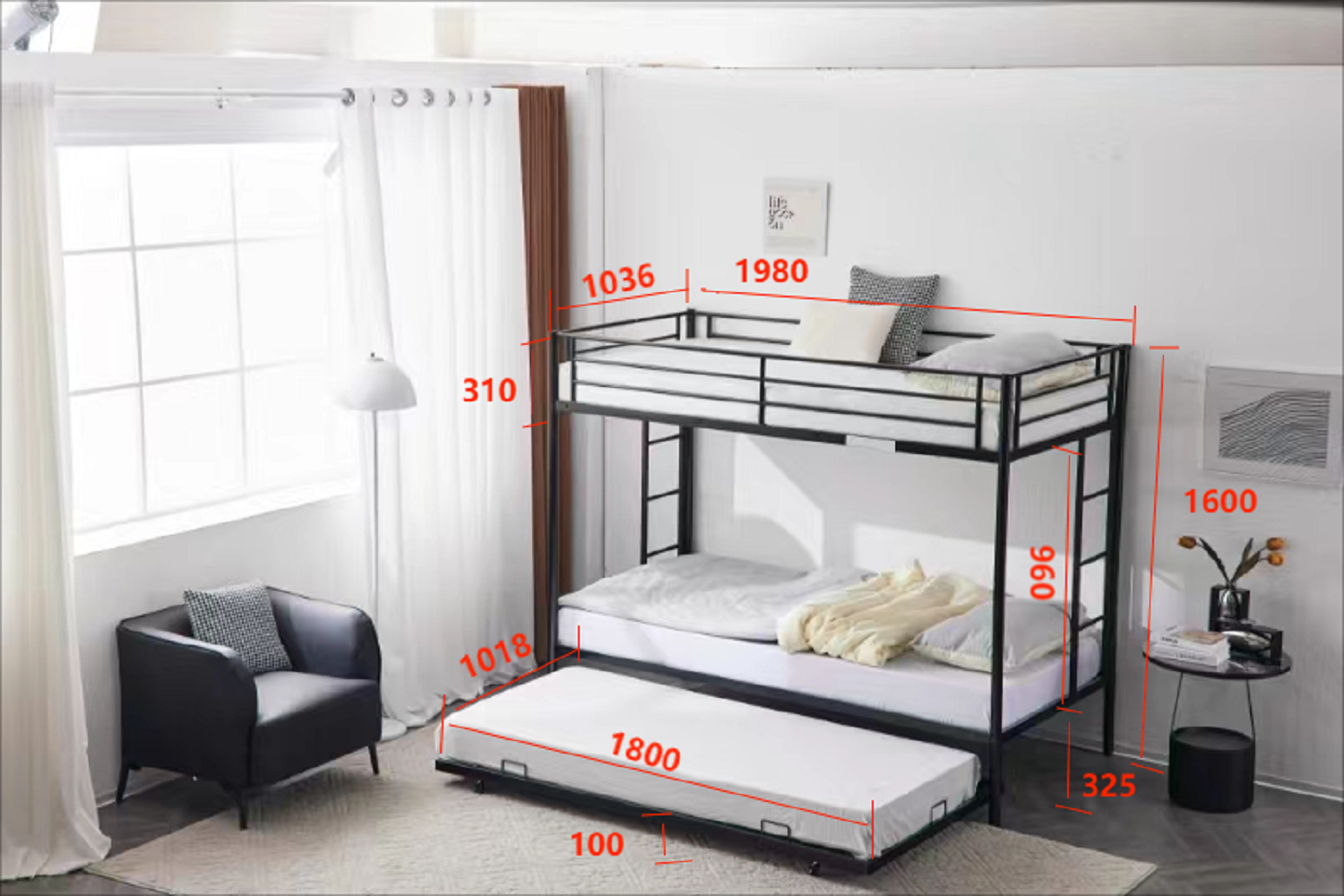 HAOYYE Twin Over Twin Bunk Bed with Trundle, Triple Bunk Bed for Kids, Teens, and Adults, Sturdy Metal Frame with Safety Guardrails and Two Side Ladders, Space-Saving Design for Bedroom, Dorm, or Guest Room, No Box Spring Needed, Modern Black
