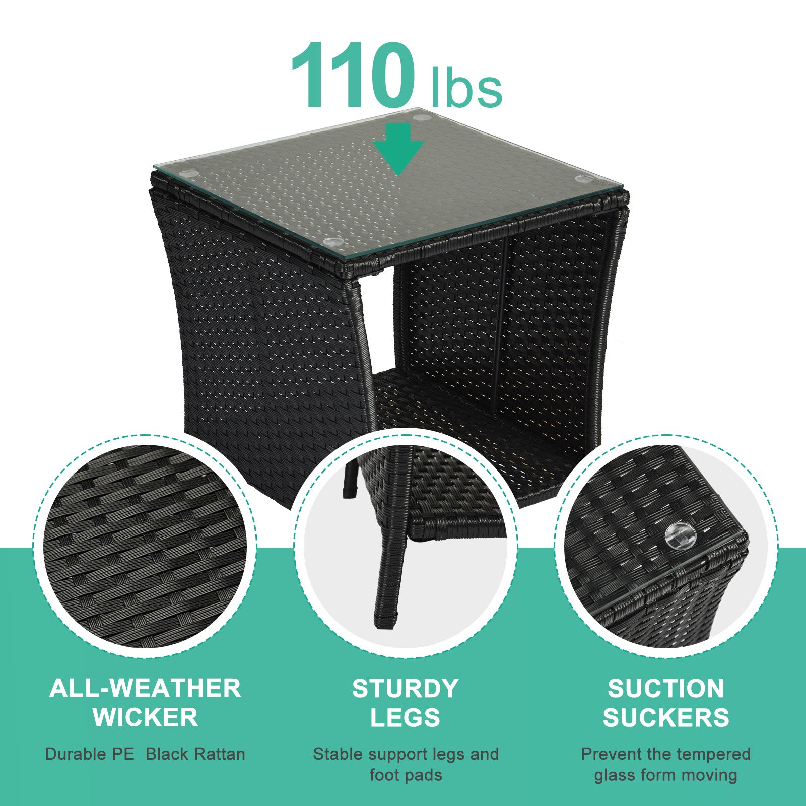 HAOYYE Outdoor Wicker Side Table with Tempered Glass Top and Storage Shelf, Square Patio End Table Bistro Coffee Table for Porch Garden Balcony Backyard, Black All-Weather PE Rattan with Iron Frame, Easy Assembly
