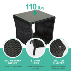 HAOYYE Outdoor Wicker Side Table with Tempered Glass Top and Storage Shelf, Square Patio End Table Bistro Coffee Table for Porch Garden Balcony Backyard, Black All-Weather PE Rattan with Iron Frame, Easy Assembly