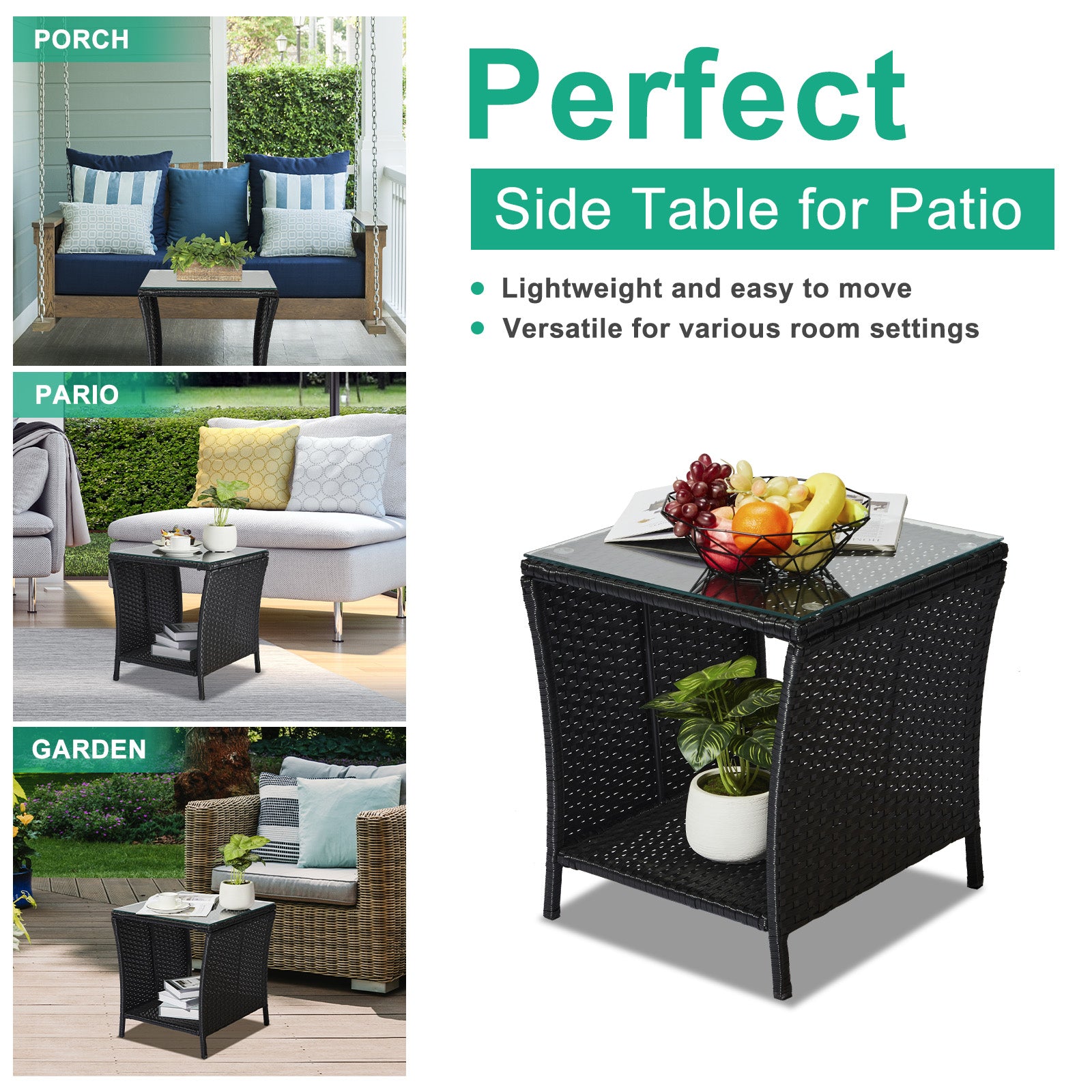 HAOYYE Outdoor Wicker Side Table with Tempered Glass Top and Storage Shelf, Square Patio End Table Bistro Coffee Table for Porch Garden Balcony Backyard, Black All-Weather PE Rattan with Iron Frame, Easy Assembly