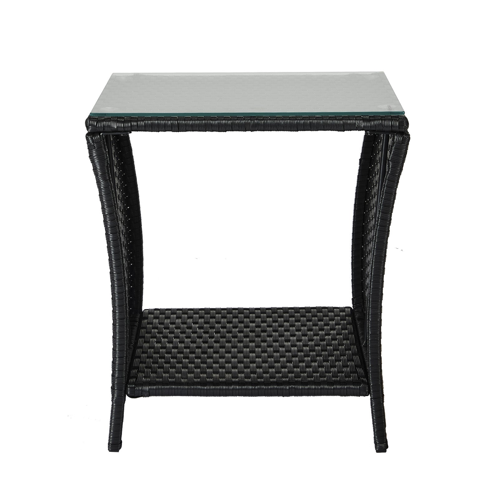 HAOYYE Outdoor Wicker Side Table with Tempered Glass Top and Storage Shelf, Square Patio End Table Bistro Coffee Table for Porch Garden Balcony Backyard, Black All-Weather PE Rattan with Iron Frame, Easy Assembly
