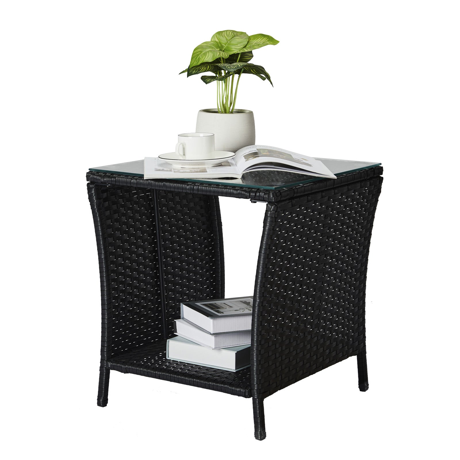 HAOYYE Outdoor Wicker Side Table with Tempered Glass Top and Storage Shelf, Square Patio End Table Bistro Coffee Table for Porch Garden Balcony Backyard, Black All-Weather PE Rattan with Iron Frame, Easy Assembly