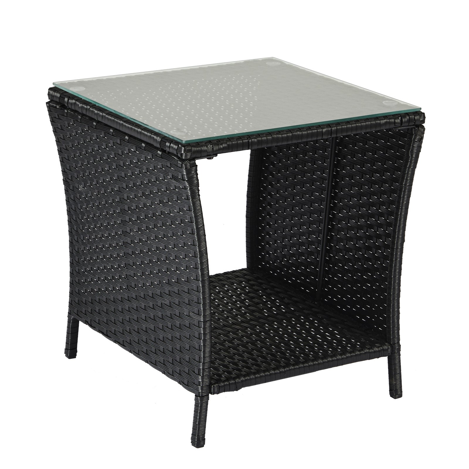 HAOYYE Outdoor Wicker Side Table with Tempered Glass Top and Storage Shelf, Square Patio End Table Bistro Coffee Table for Porch Garden Balcony Backyard, Black All-Weather PE Rattan with Iron Frame, Easy Assembly