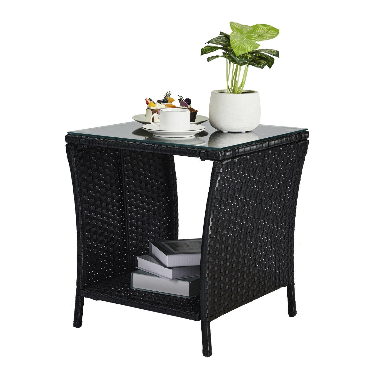 HAOYYE Outdoor Wicker Side Table with Tempered Glass Top and Storage Shelf, Square Patio End Table Bistro Coffee Table for Porch Garden Balcony Backyard, Black All-Weather PE Rattan with Iron Frame, Easy Assembly