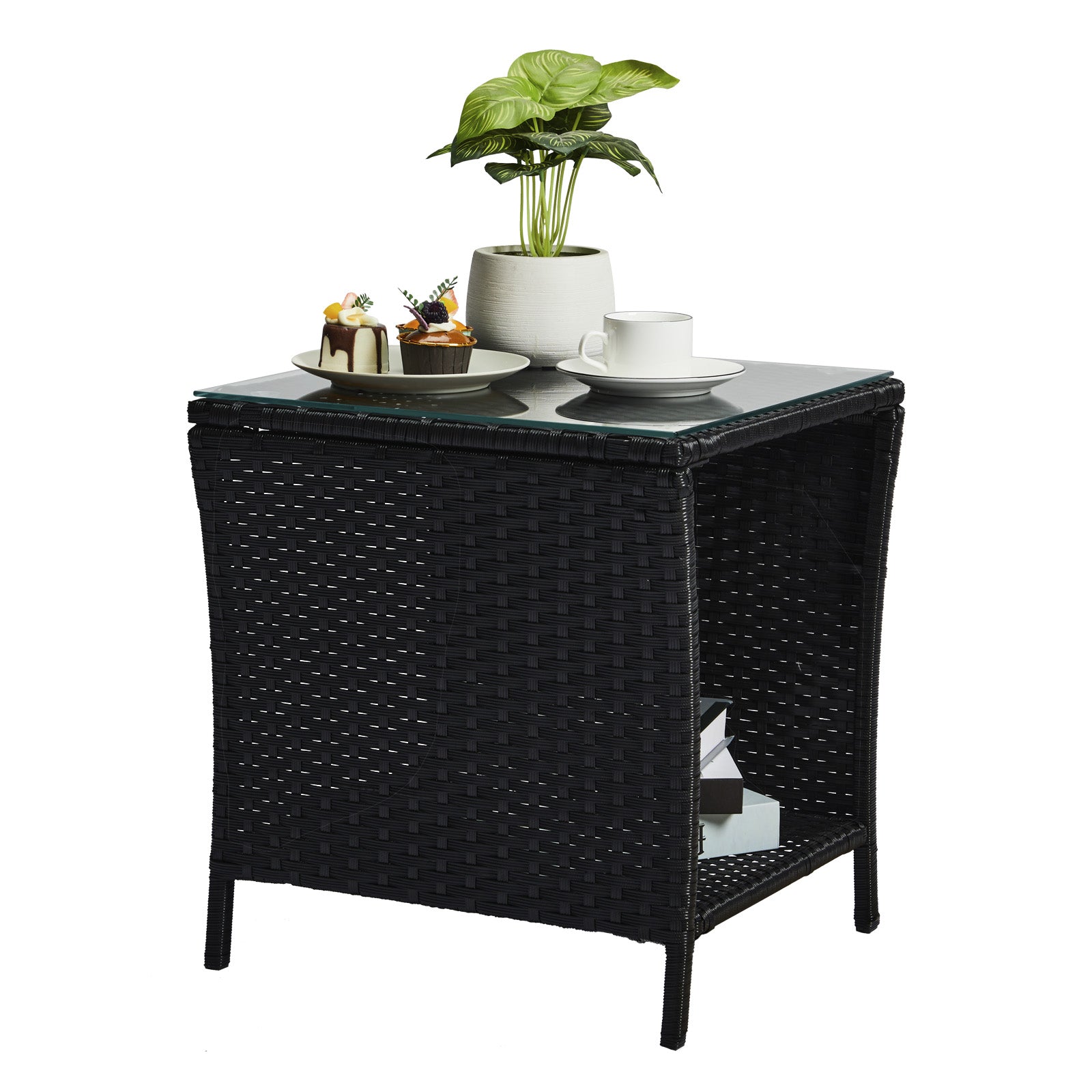 HAOYYE Outdoor Wicker Side Table with Tempered Glass Top and Storage Shelf, Square Patio End Table Bistro Coffee Table for Porch Garden Balcony Backyard, Black All-Weather PE Rattan with Iron Frame, Easy Assembly