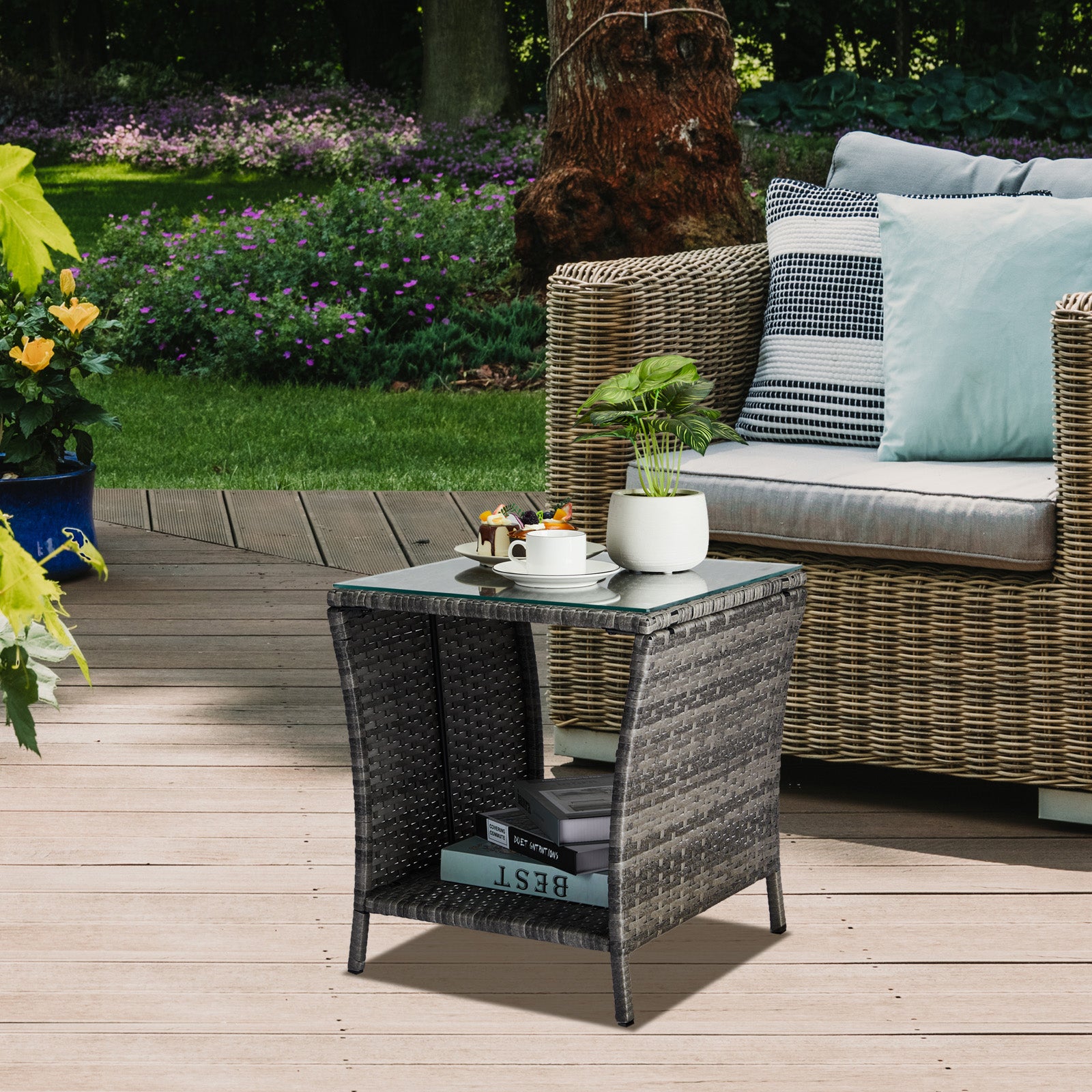 HAOYYE Outdoor Patio Wicker Side Table, Grey Square End Table with Glass Top and Storage Shelf, All-Weather PE Rattan Coffee Table for Porch Garden Balcony Backyard Bistro Decor