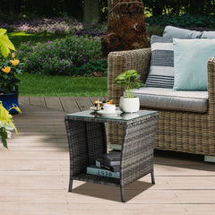 HAOYYE Outdoor Patio Wicker Side Table, Grey Square End Table with Glass Top and Storage Shelf, All-Weather PE Rattan Coffee Table for Porch Garden Balcony Backyard Bistro Decor