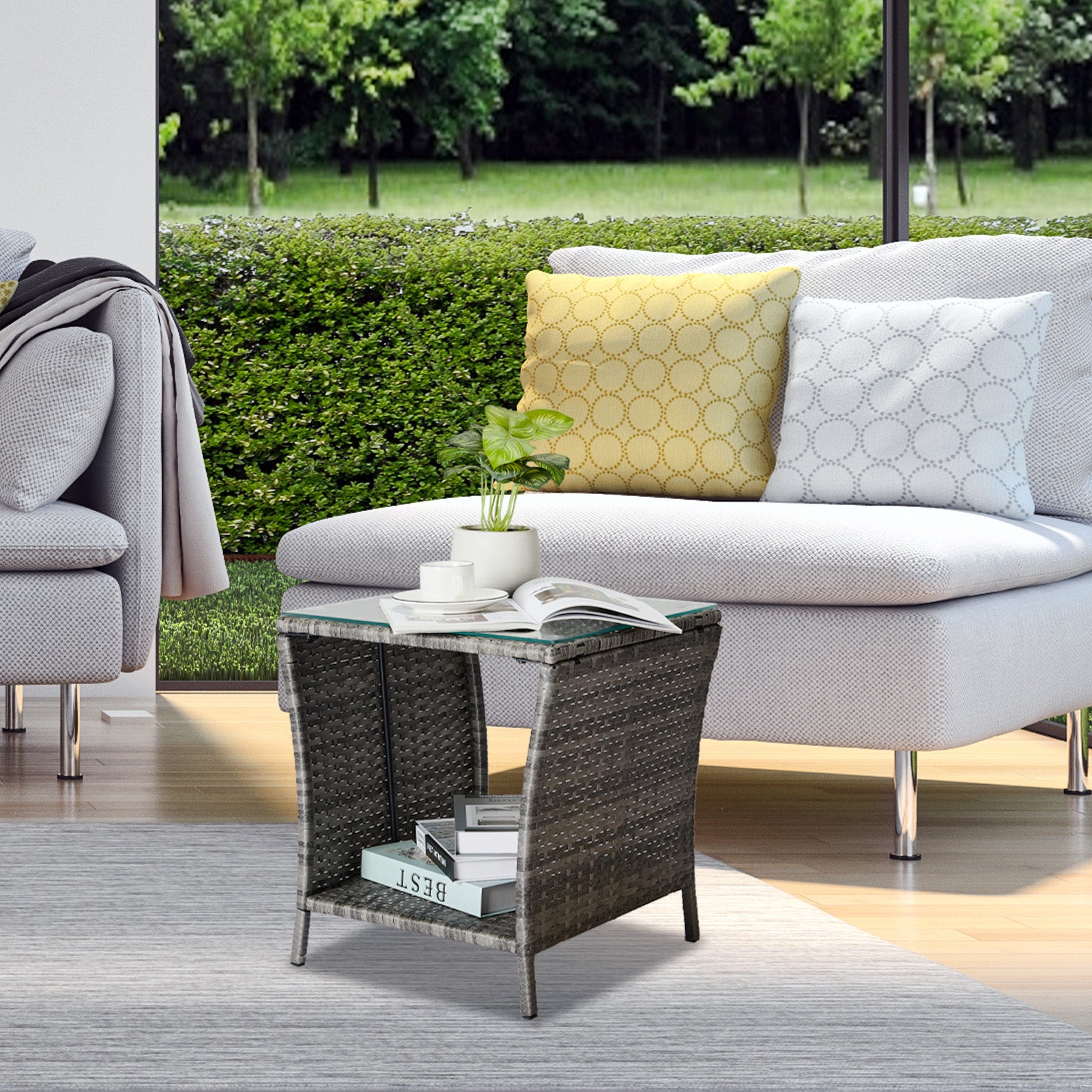 HAOYYE Outdoor Patio Wicker Side Table, Grey Square End Table with Glass Top and Storage Shelf, All-Weather PE Rattan Coffee Table for Porch Garden Balcony Backyard Bistro Decor