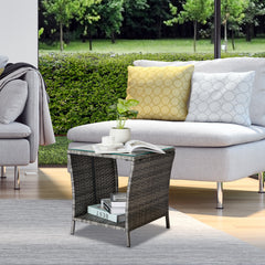 HAOYYE Outdoor Patio Wicker Side Table, Grey Square End Table with Glass Top and Storage Shelf, All-Weather PE Rattan Coffee Table for Porch Garden Balcony Backyard Bistro Decor