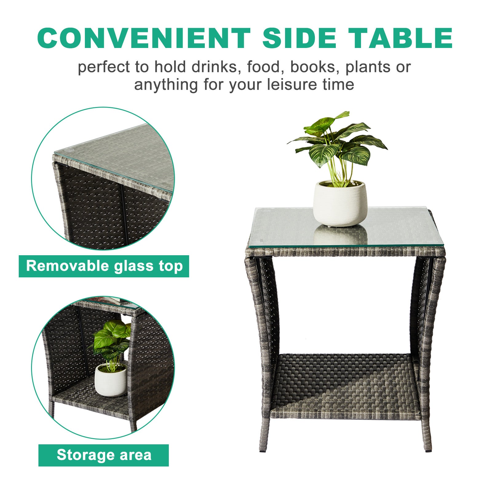 HAOYYE Outdoor Patio Wicker Side Table, Grey Square End Table with Glass Top and Storage Shelf, All-Weather PE Rattan Coffee Table for Porch Garden Balcony Backyard Bistro Decor