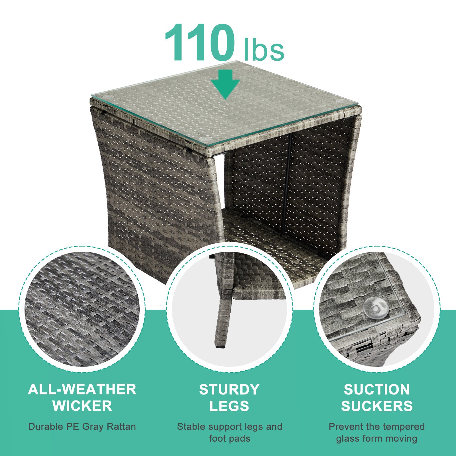 HAOYYE Outdoor Patio Wicker Side Table, Grey Square End Table with Glass Top and Storage Shelf, All-Weather PE Rattan Coffee Table for Porch Garden Balcony Backyard Bistro Decor