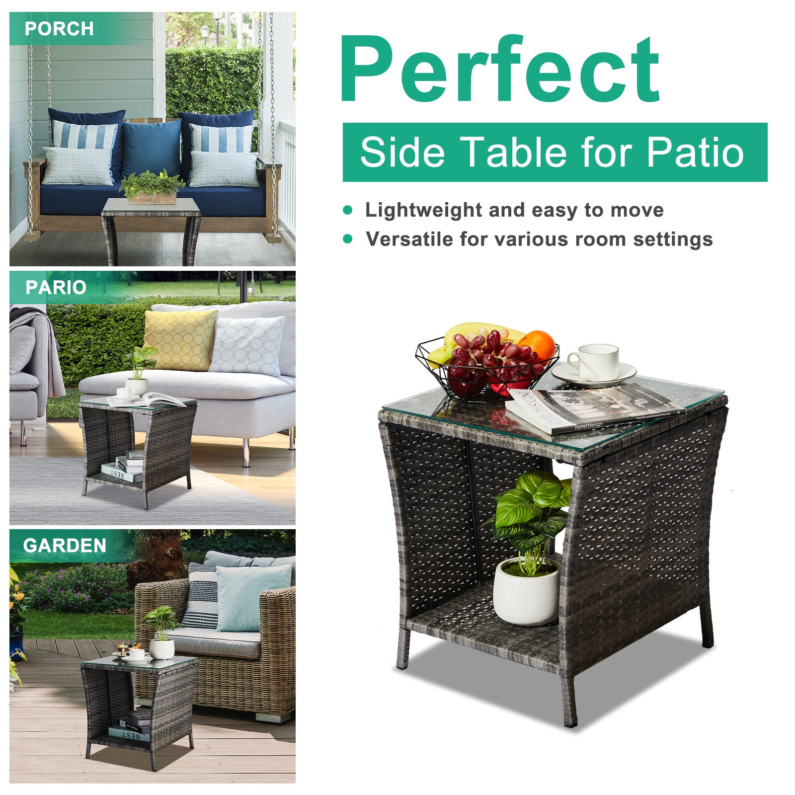 HAOYYE Outdoor Patio Wicker Side Table, Grey Square End Table with Glass Top and Storage Shelf, All-Weather PE Rattan Coffee Table for Porch Garden Balcony Backyard Bistro Decor