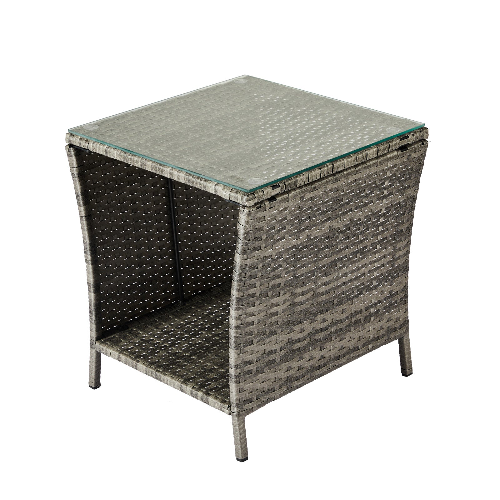 HAOYYE Outdoor Patio Wicker Side Table, Grey Square End Table with Glass Top and Storage Shelf, All-Weather PE Rattan Coffee Table for Porch Garden Balcony Backyard Bistro Decor