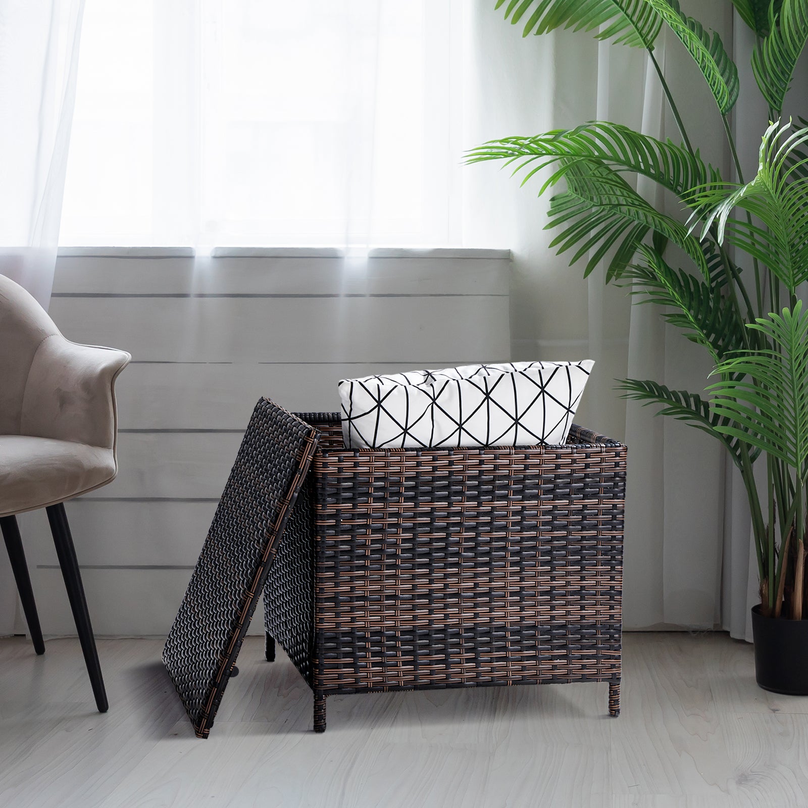 HAOYYE Outdoor PE Wicker Side Table with Storage, Brown Rattan Patio End Table with Lid and Steel Frame, Weatherproof Square Container for Garden Tools, Toys, Furniture Covers, Backyard or Balcony Use