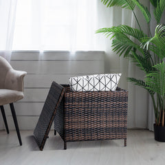 HAOYYE Outdoor PE Wicker Side Table with Storage, Brown Rattan Patio End Table with Lid and Steel Frame, Weatherproof Square Container for Garden Tools, Toys, Furniture Covers, Backyard or Balcony Use
