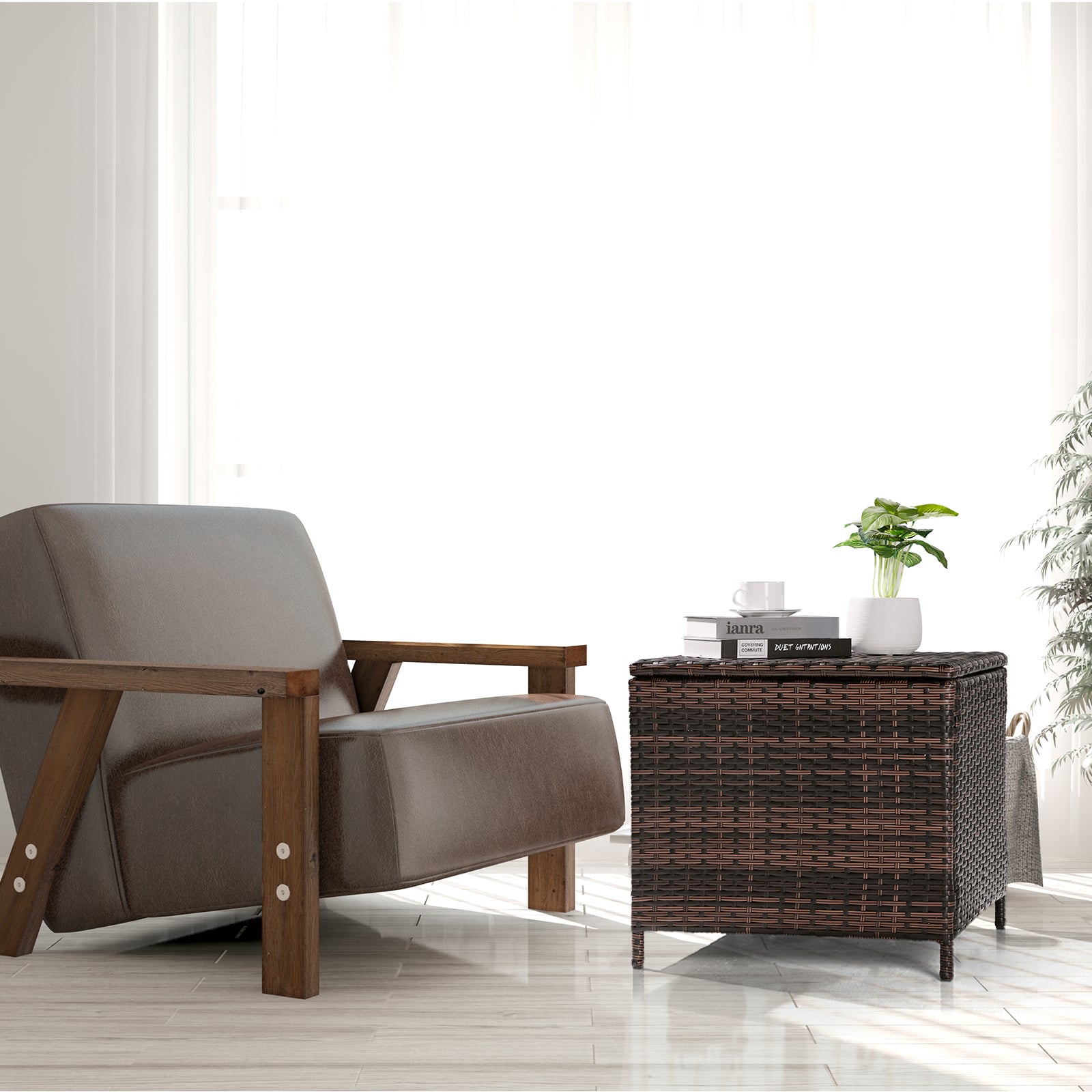 HAOYYE Outdoor PE Wicker Side Table with Storage, Brown Rattan Patio End Table with Lid and Steel Frame, Weatherproof Square Container for Garden Tools, Toys, Furniture Covers, Backyard or Balcony Use