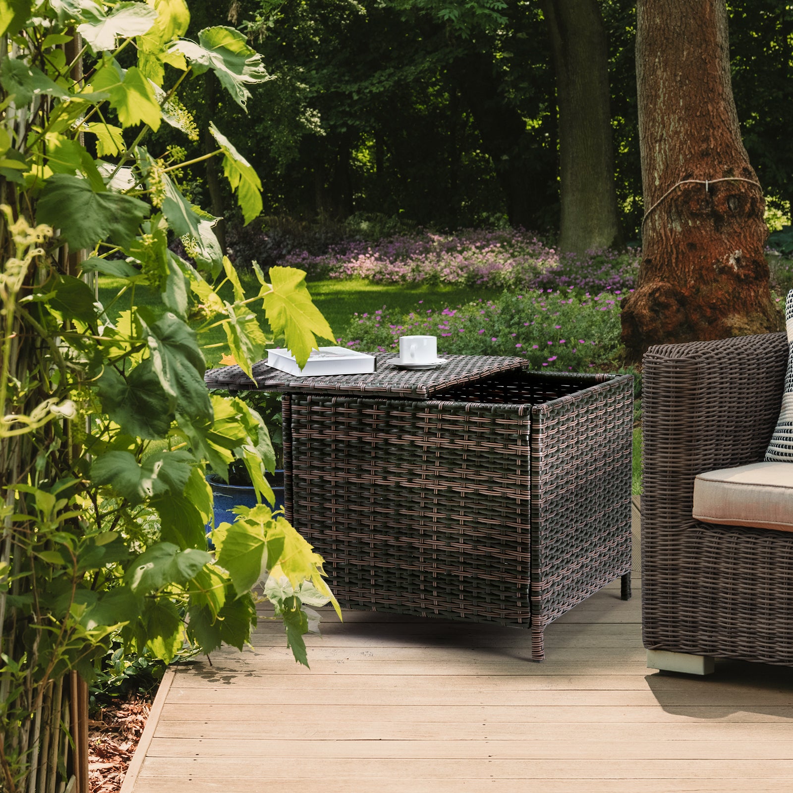 HAOYYE Outdoor PE Wicker Side Table with Storage, Brown Rattan Patio End Table with Lid and Steel Frame, Weatherproof Square Container for Garden Tools, Toys, Furniture Covers, Backyard or Balcony Use