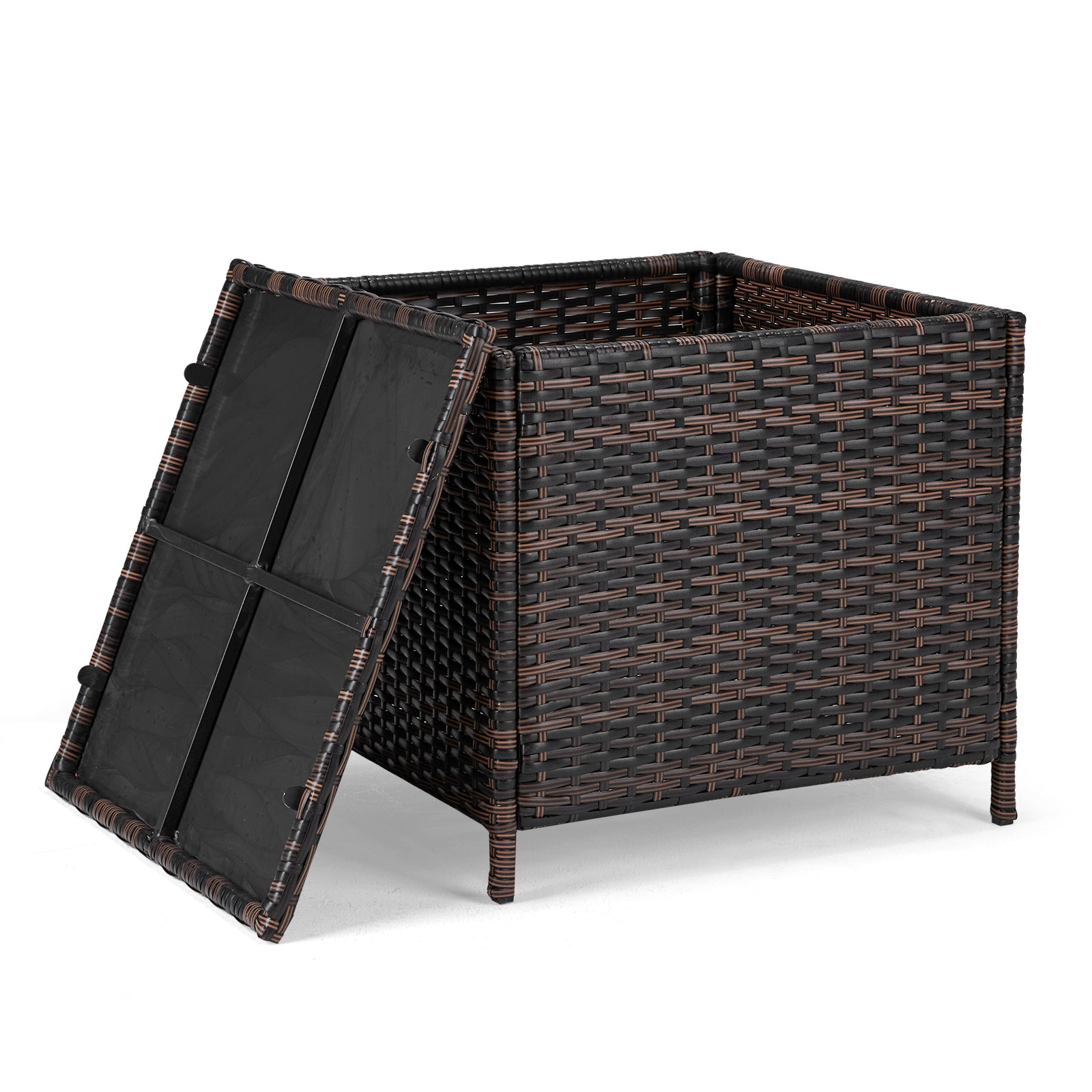 HAOYYE Outdoor PE Wicker Side Table with Storage, Brown Rattan Patio End Table with Lid and Steel Frame, Weatherproof Square Container for Garden Tools, Toys, Furniture Covers, Backyard or Balcony Use