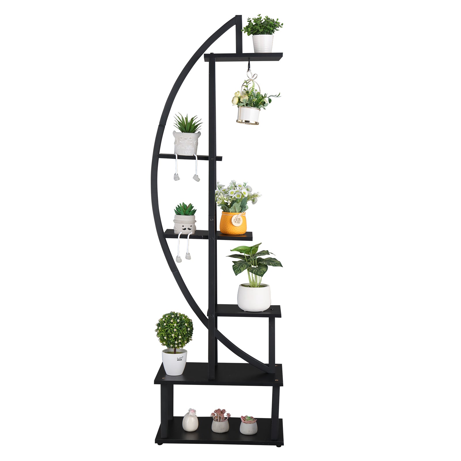 HAOYYE 6-Tier Half Moon Ironwood Plant Stand for Indoor Outdoor Garden Balcony Patio Lawn Decor Flower Pot Holder Shelf Rustic Black Metal Display Rack