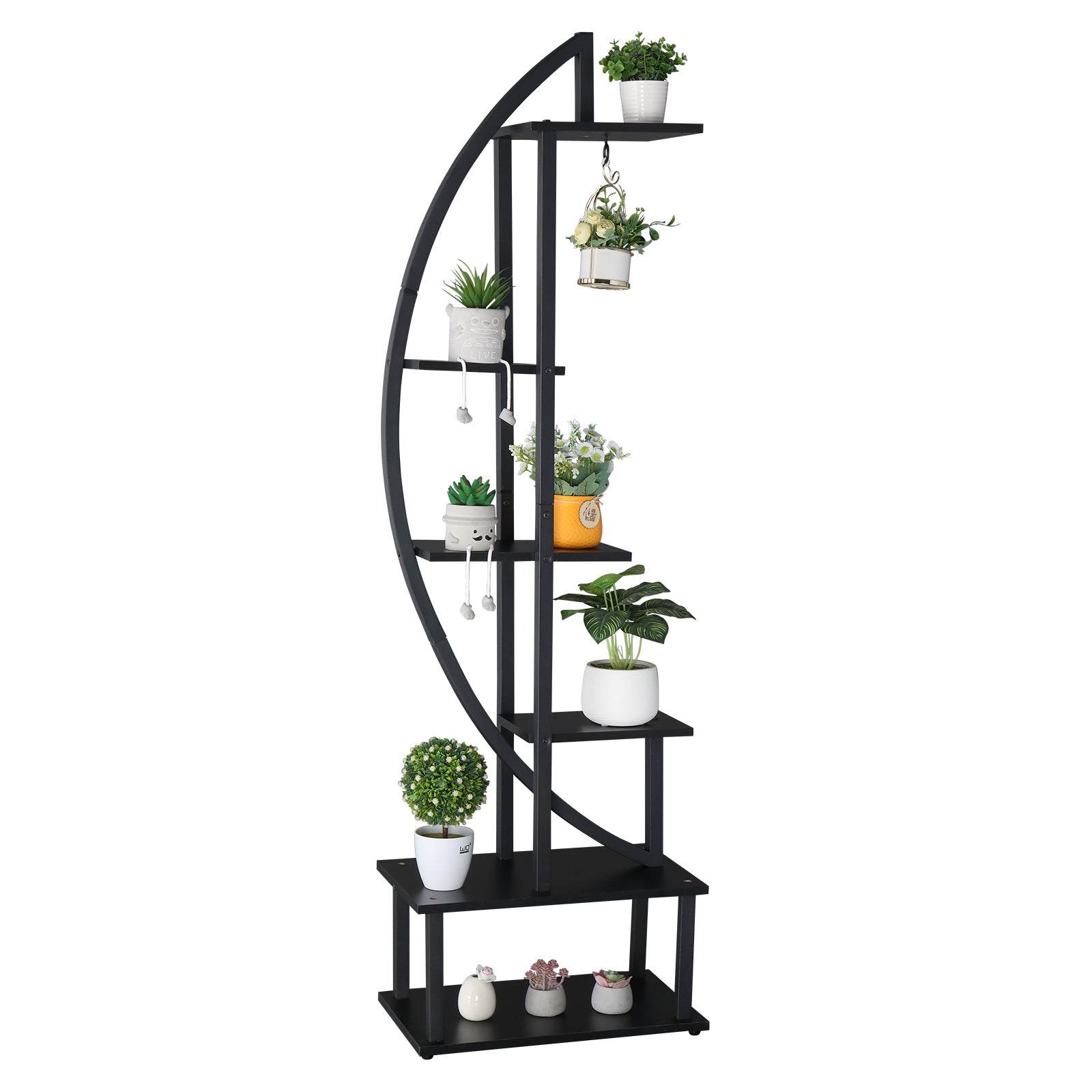 HAOYYE 6-Tier Half Moon Ironwood Plant Stand for Indoor Outdoor Garden Balcony Patio Lawn Decor Flower Pot Holder Shelf Rustic Black Metal Display Rack