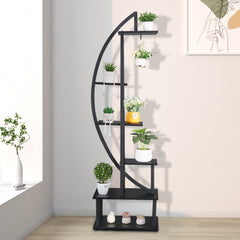 HAOYYE 6-Tier Half Moon Ironwood Plant Stand for Indoor Outdoor Garden Balcony Patio Lawn Decor Flower Pot Holder Shelf Rustic Black Metal Display Rack
