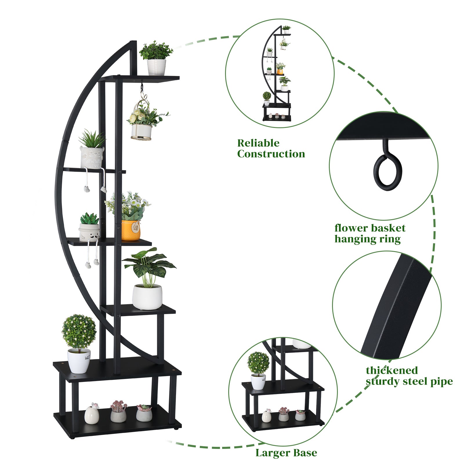 HAOYYE 6-Tier Half Moon Ironwood Plant Stand for Indoor Outdoor Garden Balcony Patio Lawn Decor Flower Pot Holder Shelf Rustic Black Metal Display Rack