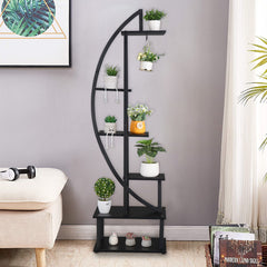 HAOYYE 6-Tier Half Moon Ironwood Plant Stand for Indoor Outdoor Garden Balcony Patio Lawn Decor Flower Pot Holder Shelf Rustic Black Metal Display Rack